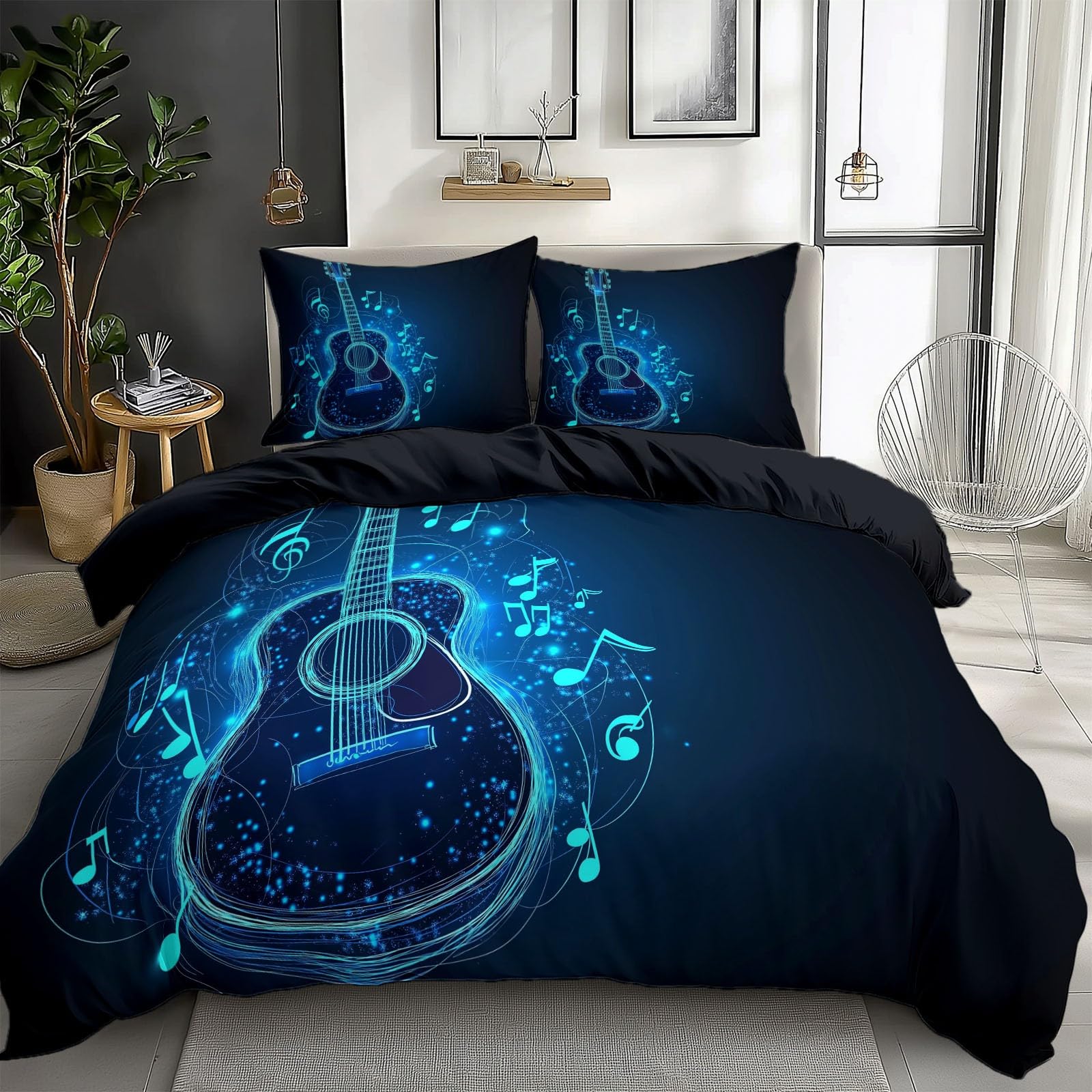Blue California King Duvet Cover Music Theme Guitar Cal King Bedding Set 3 Pieces, Soft and Breathable Microfiber Comforter Cover with 2 Pillow Shams, for All Season