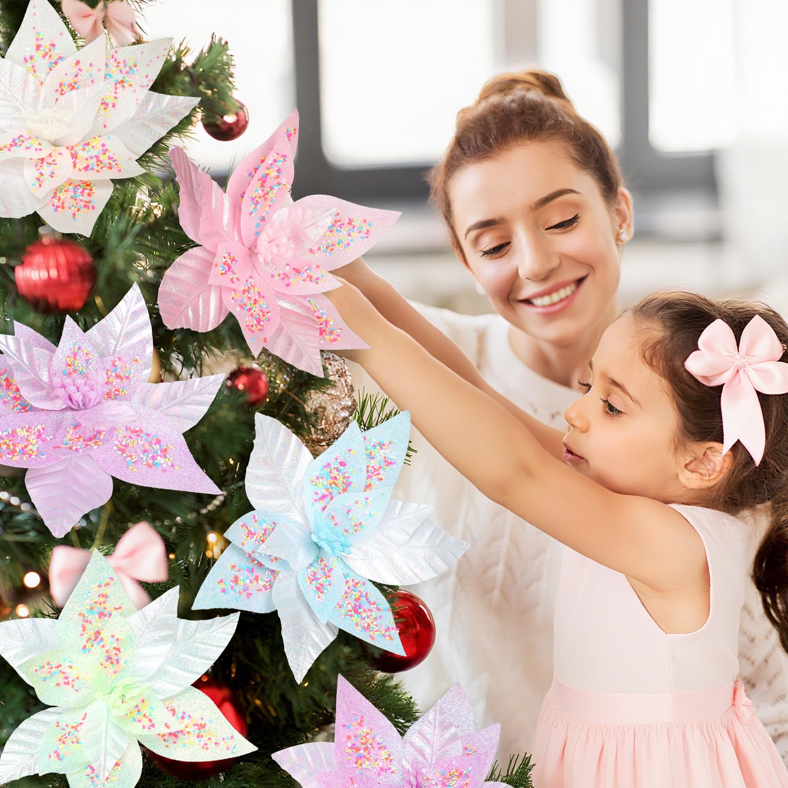 Soulchen Lot de 12 fleurs de poinsettia de Noël artificielles pastel avec tiges de 24 cm pour décoration de sapin de Noël, couronne de Noël, décoration de fête