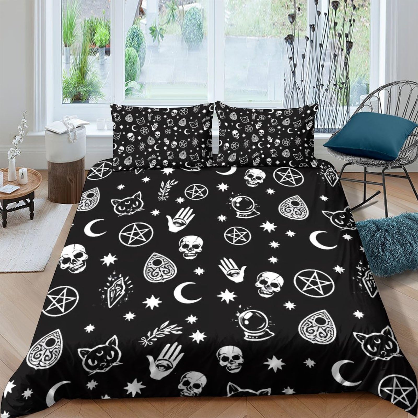 Ctjqhvkz Style-6 3D Printed Gothic Skull Moon Fitted Sheet Microfiber Black Cat Pentagram Bed Cover Anti-Slip For Bedroom Dorm Mattress Decor Single（135X200cm）