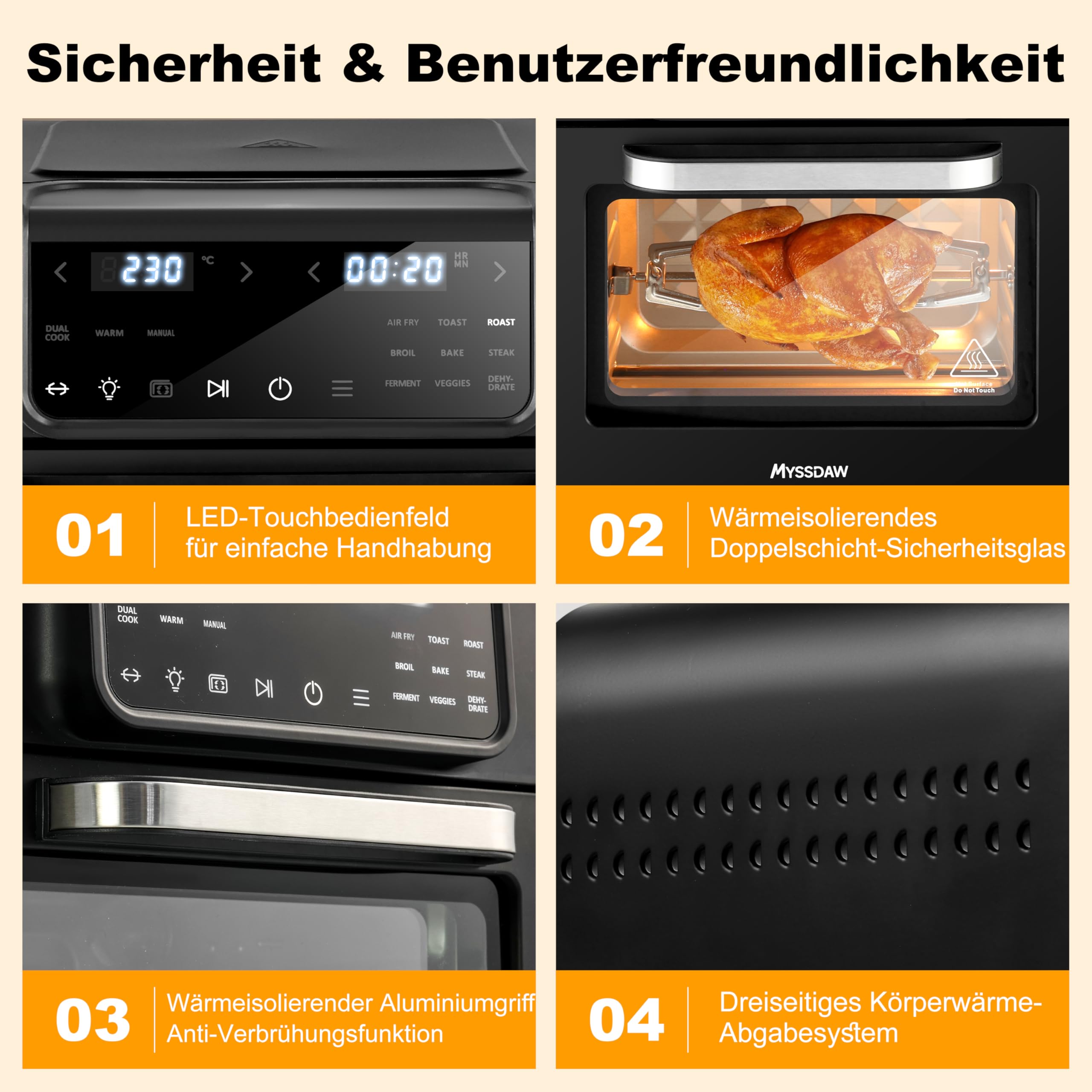 16L Heißluftfritteuse XXL mit Rotisserie Große Kapazität Bis zu 230°C 9 smarte Kochfunktionen Air Fry Roast Grill Bake Dehydrate & Mehr Einfache Digitale Steuerung Tischofen