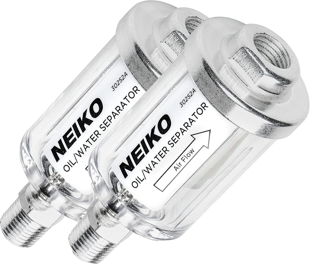 NEIKO 30252A Separador de agua y aceite para línea de aire, paquete de 2 | Entrada y salida NPT de 1/4", 90 PSI, compresor de aire y accesorio para herramientas neumáticas | Proteja la vida útil de las herramientas neumáticas | Secador de filtro de humedad de agua