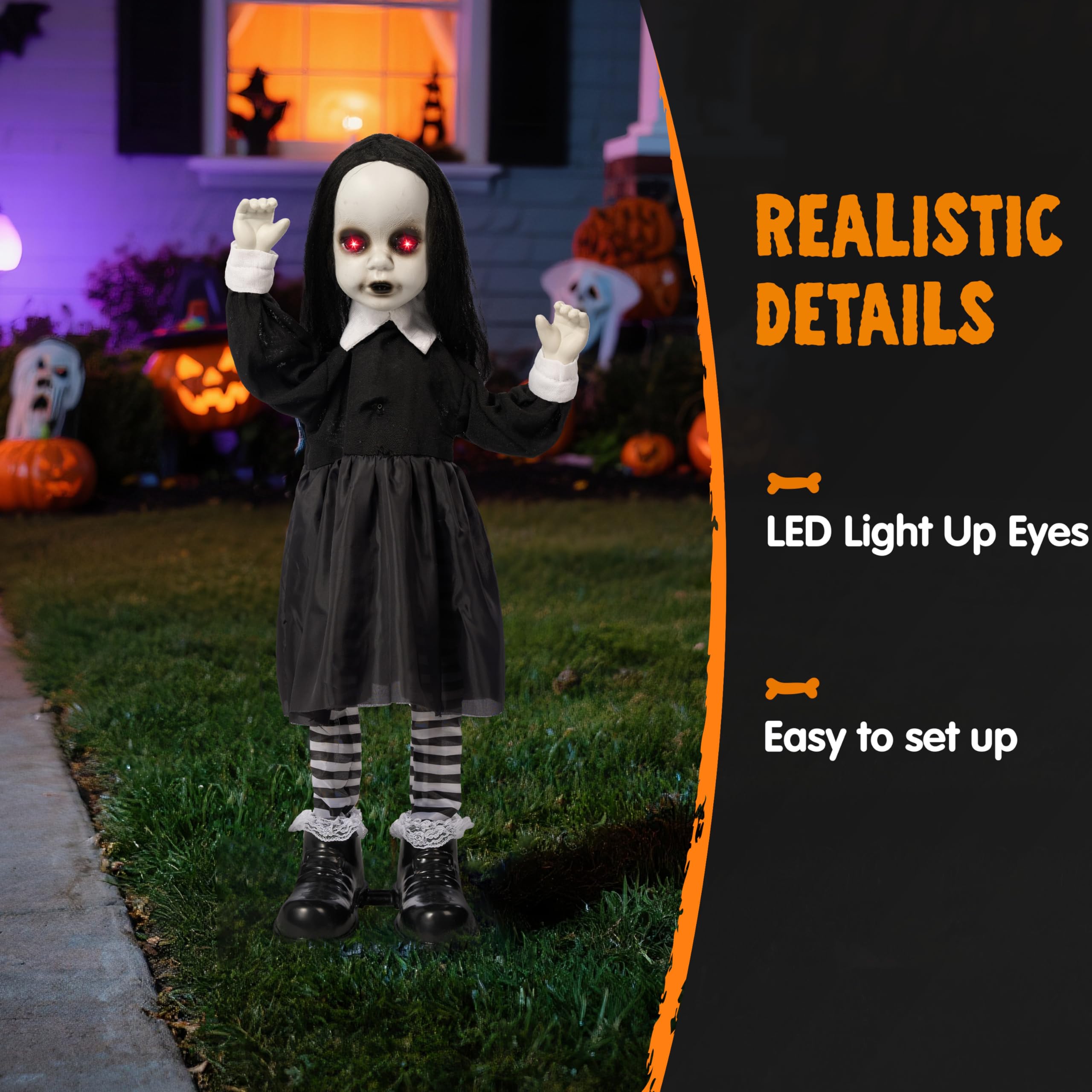 JOYIN Décorations d'Halloween effrayantes en plein air, 86,4 cm, zombie fille, fantôme, animatronique, décoration animatronique avec capteur activé par le son, yeux LED lumineux pour jardin, pelouse