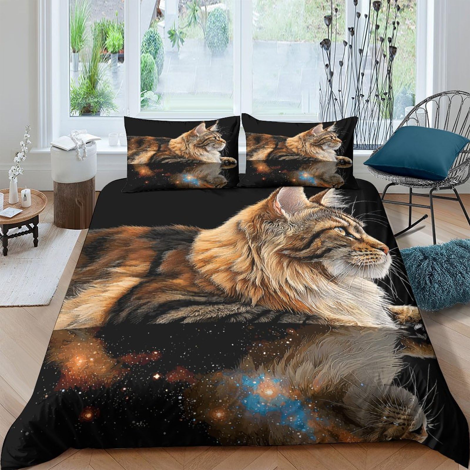 Ctjqhvkz Style-4 3D Printed Tabby Cat Galaxy Fitted Sheet Microfiber Soft Bedroom Decor Cosmic Space Mattress Cover For Home Dorm Apartment Single（135X200cm）
