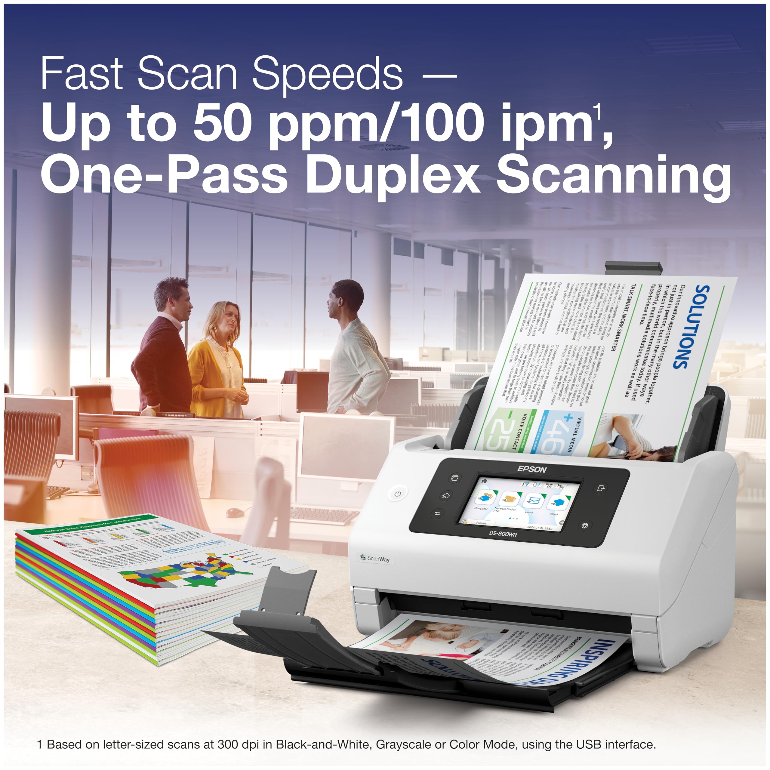 Epson DS-800WN EdgeLink Wireless Network Scanner per documenti a colori con scansione fronte/retro, scansione senza PC, alimentatore automatico di documenti (ADF) da 100 pagine e touchscreen a colori