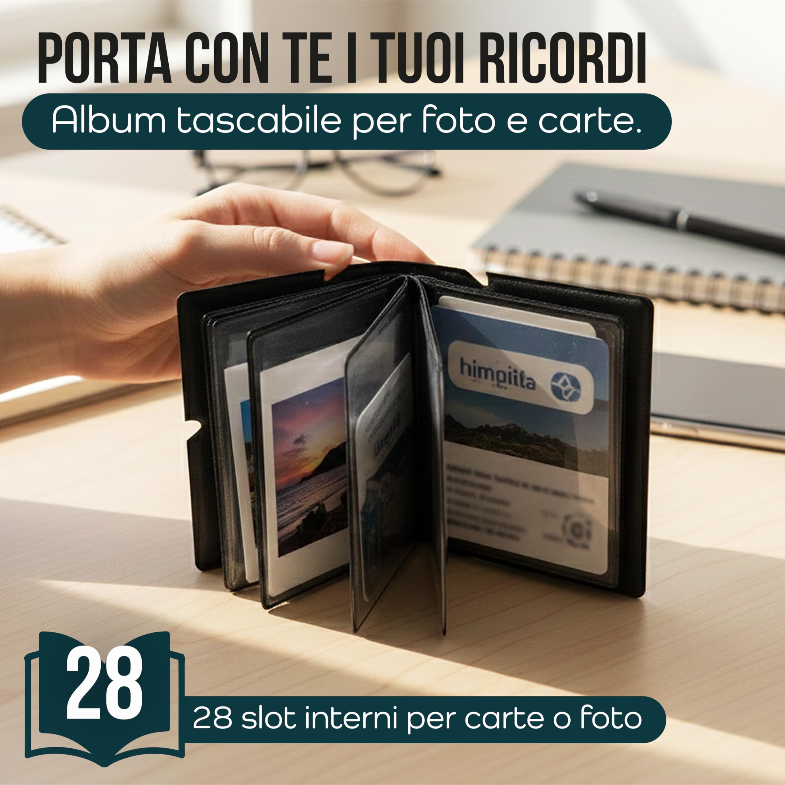 Album Tascabile Porta Foto e Carte – 28 Slot Interni – Mini Raccoglitore con Chiusura Elastico – Formato Compatto 9,5 x 5,5 cm – Tasca Trasparente – Design Minimal Elegante - 2