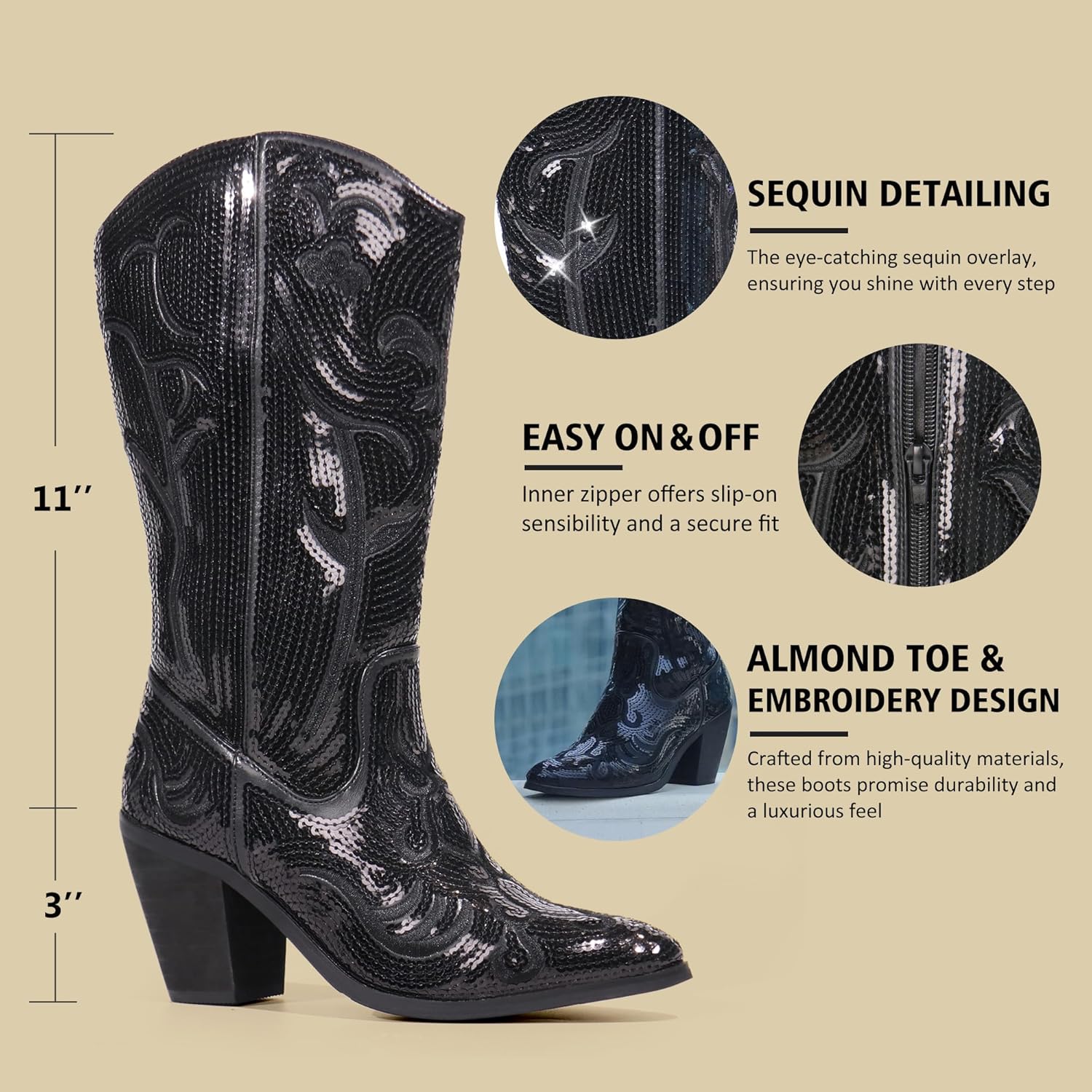 Hawkwell Women's Sequin Mid Calf Western Cowboy Boots Wide High Fashion... - Picture 23 of 30
