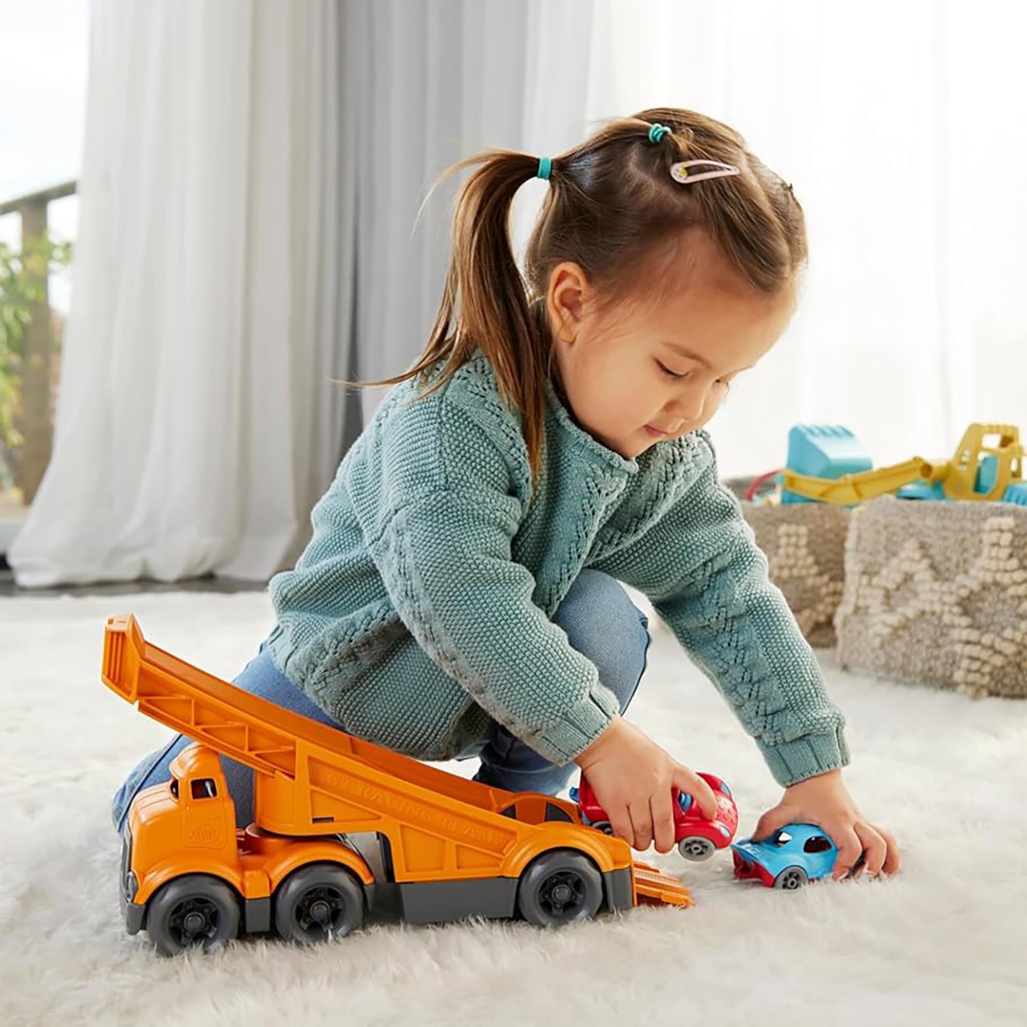 Green Toys Racing Truck - 3pc Toy Cars, Truck Toy with Car Ramp, Toddler Toys, Made from Recycled Milk Jugs, Toys For 3 Year Old Boys & Girls