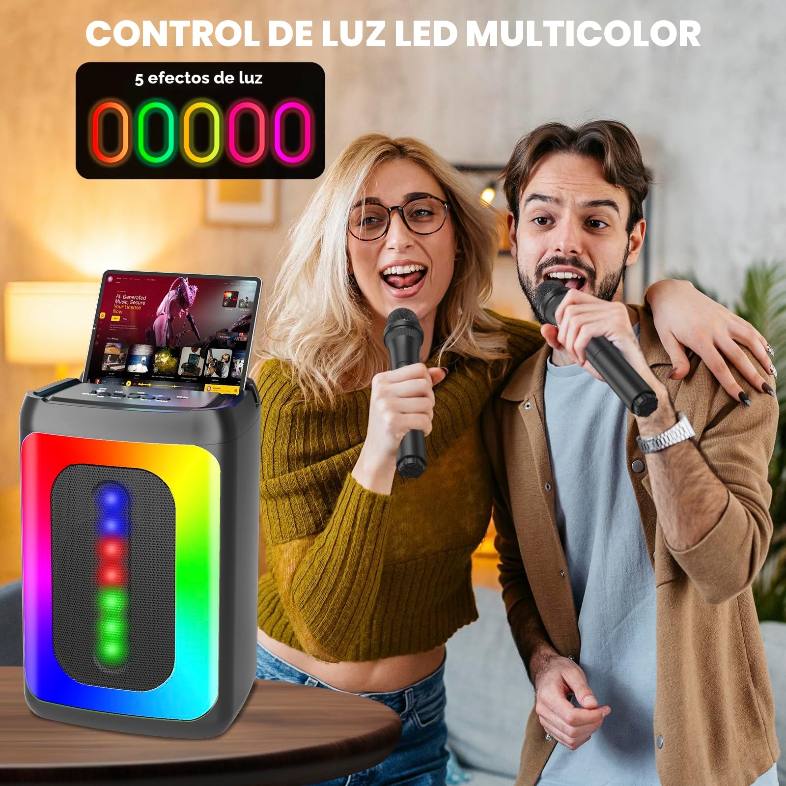 Ankuka Máquina de Karaoke con 2 micrófonos, Altavoz Bluetooth portátil con Luces LED, TF/USB, FM, AUX, TWS para Fiestas y Adultos, Regalo para Amigos y Familiares (Negro)