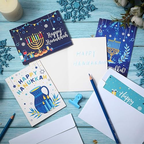 Miniatura 2 de Outus Tarjetas de felicitación de Hanukkah, 12 tarjetas de felicitación de Janucá con sobres, decoraciones de fiesta de Hanukkah con diseños