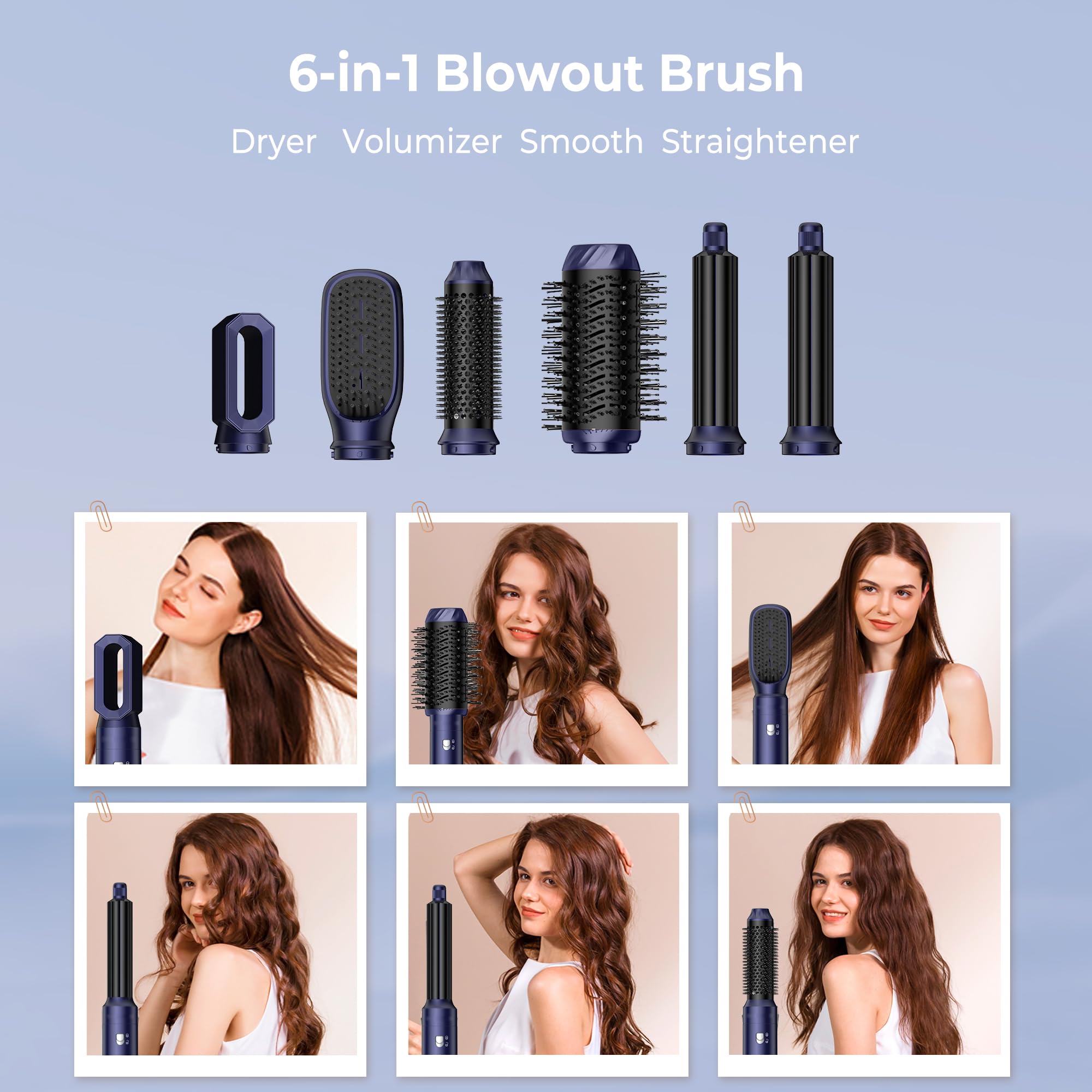 UKLISS Cepillo Secador de Pelo 6 en 1 - Cepillo de Aire Caliente Peinador con Rizador, Thermal Brush, Secado Rápido, Moldeador Pelo Voluminizador- Rizos, Volumen, Alisado y Secado (Azul)