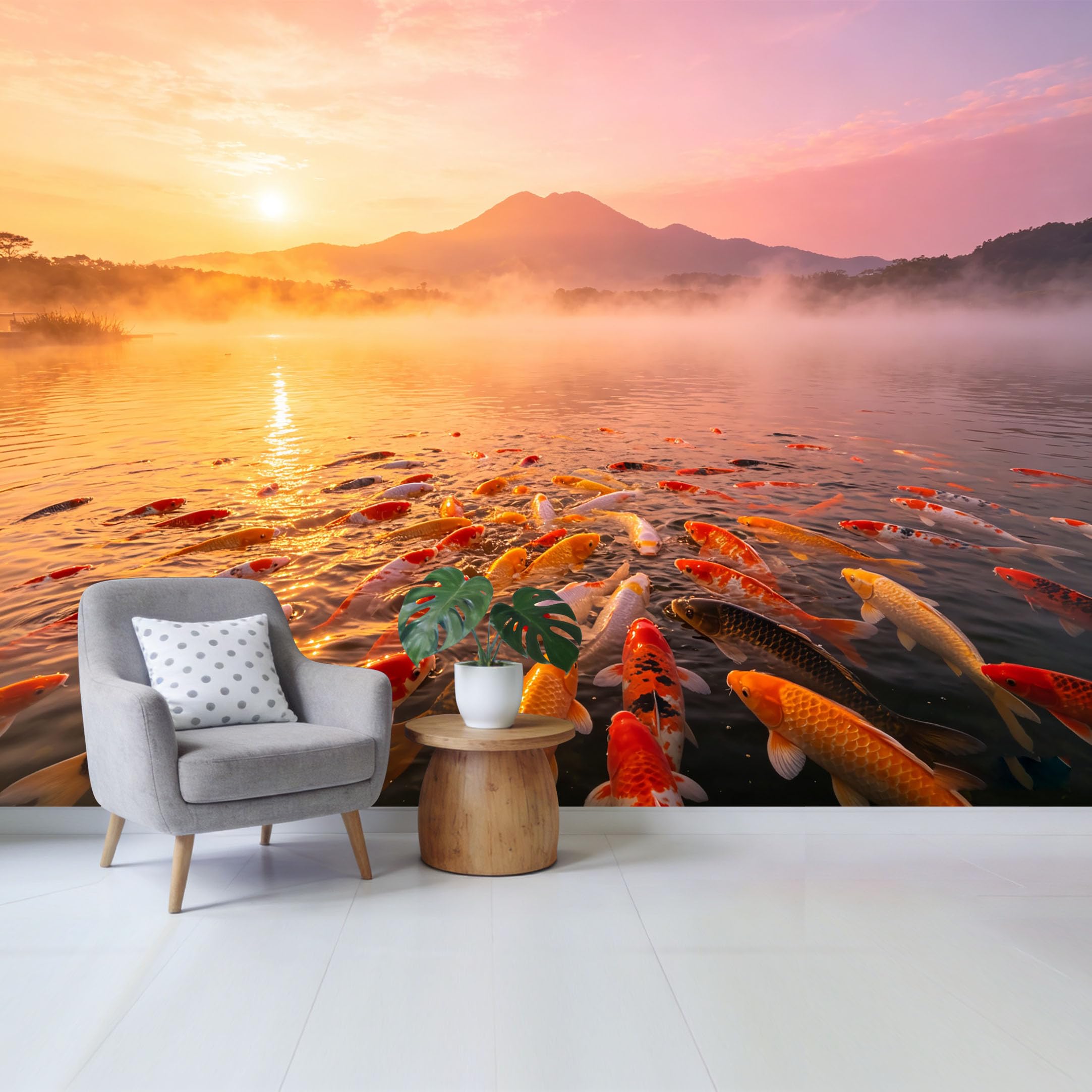 Qzlithotic Yq2605250699 Custom Size Wall Mural Koi Fish Swimming In Misty Mountain Lake Sunset Landscape 3D Contemporary Selfadhesive Wall Fabric Removable Wallpaper For Home Office Decor