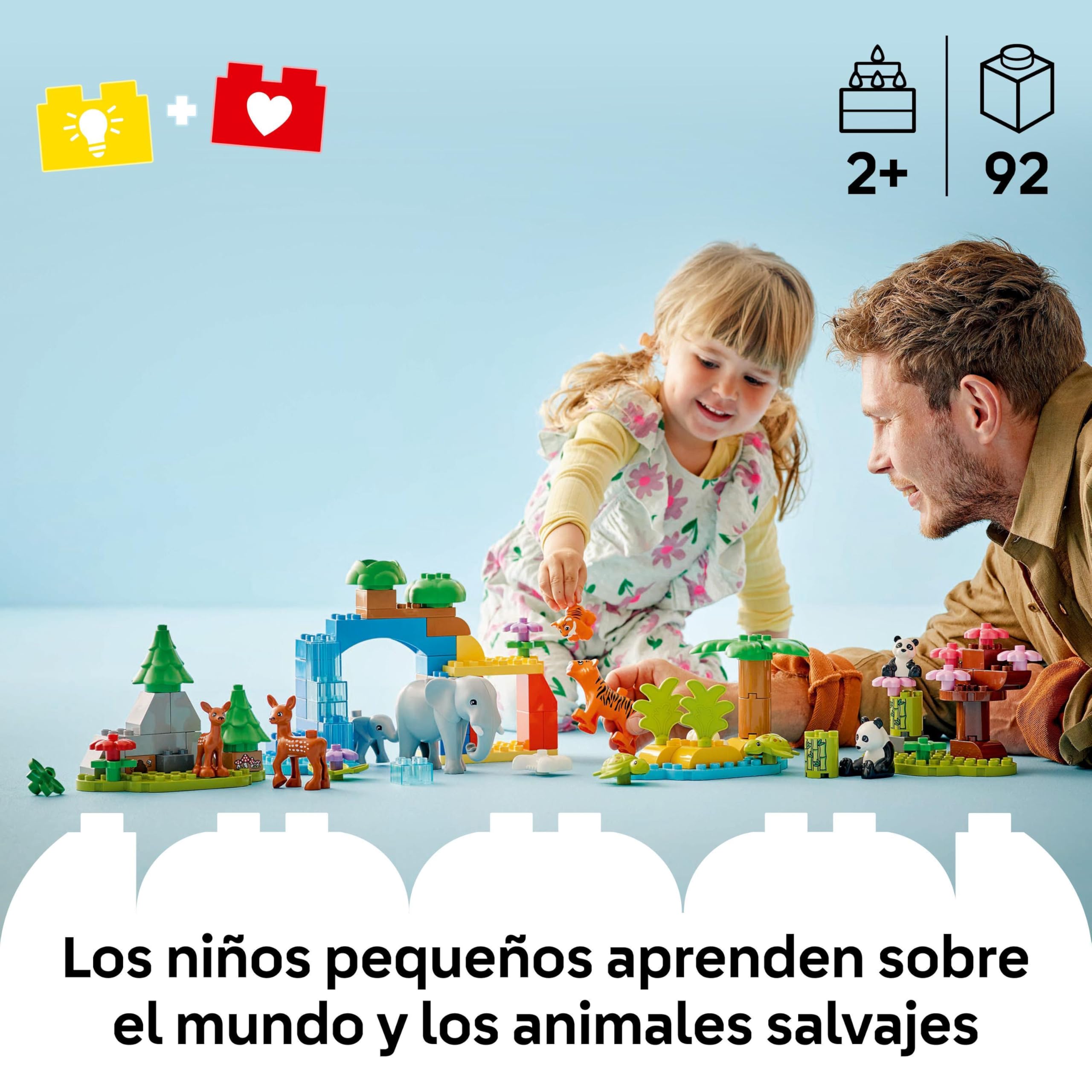 LEGO Duplo Familias de la Fauna Salvaje “3 en 1” - Juego Educativo para Niños y Niñas de 2+ Años - Figuras de Animales de Juguete Inc. Elefantes, Tortugas, Tigres, Ciervos y Pandas con Hábitats 10446