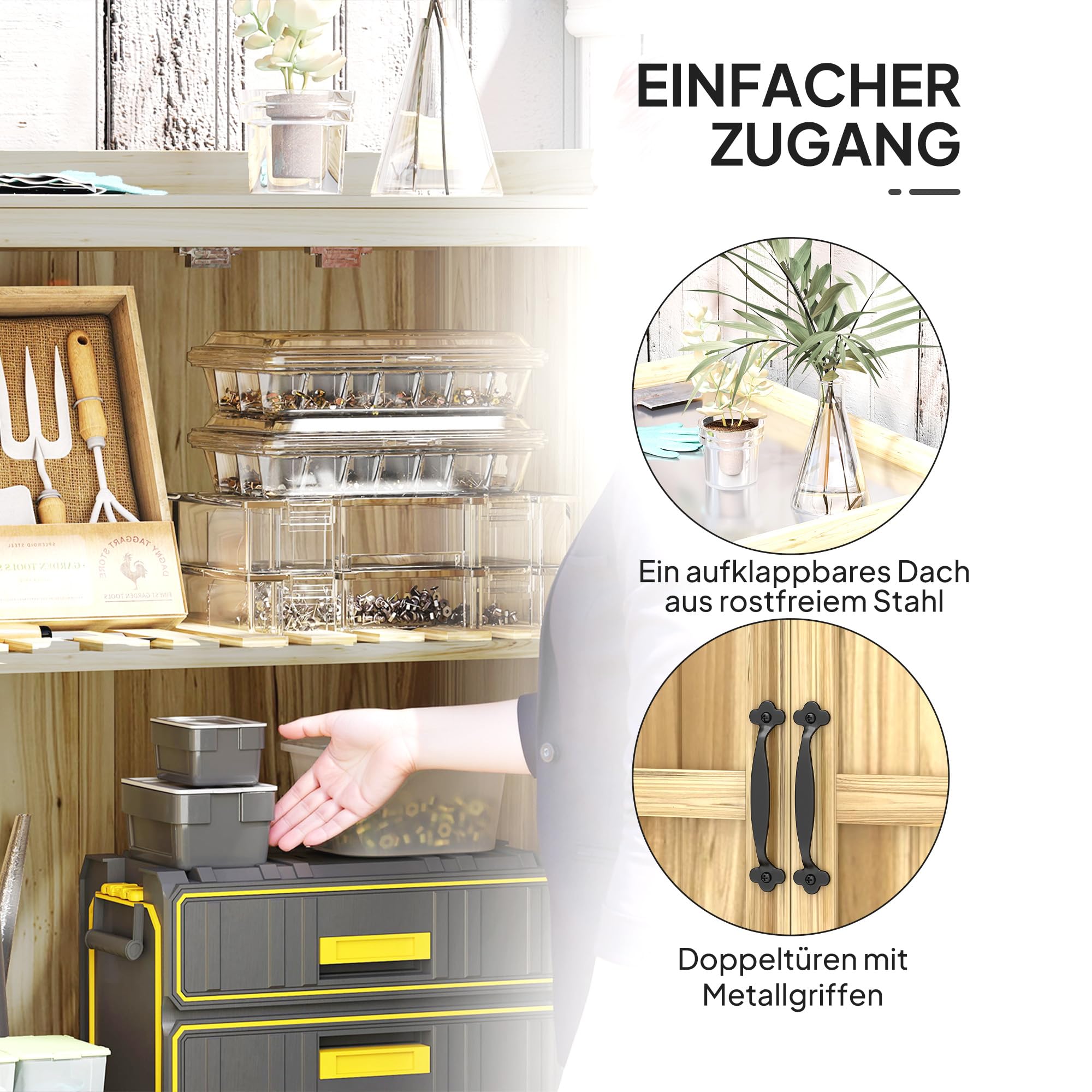 Outsunny Gartenschrank Holz Wetterfest mit Klappdach 74x43x88cm Naturholz | Ablagen, Arbeitsfläche, Geräteschuppen, Gerätehaus, Geräteschrank, Gartenhaus, Werkzeugschrank, Gartenschuppen, für Garten