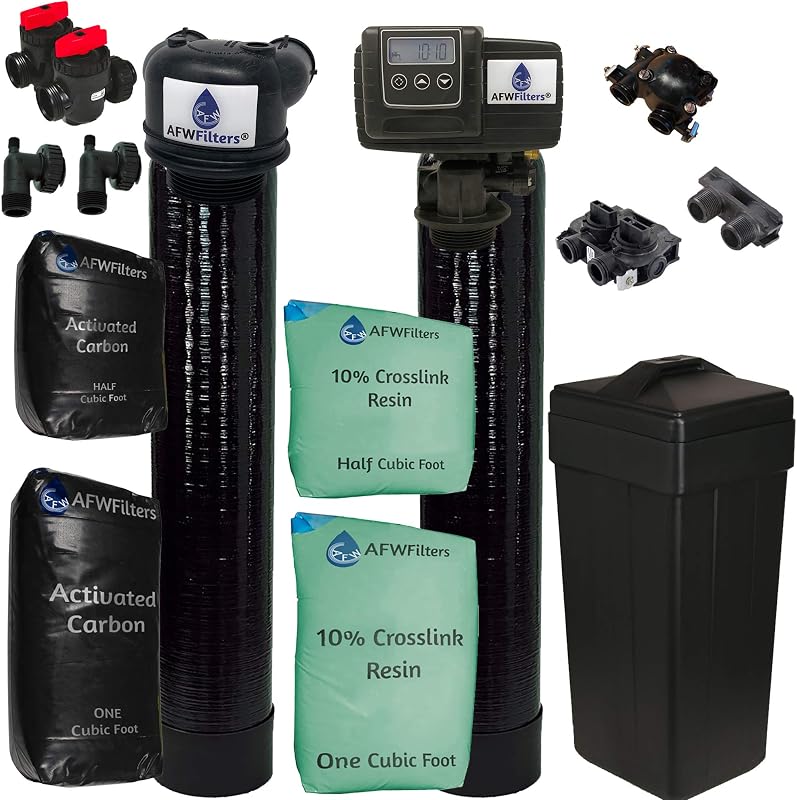 AFW Filters Built Fleck 5600SXT Suavizador de agua de 48.000 granos con filtro de carbón de flujo ascendente (10% resina con carbono)