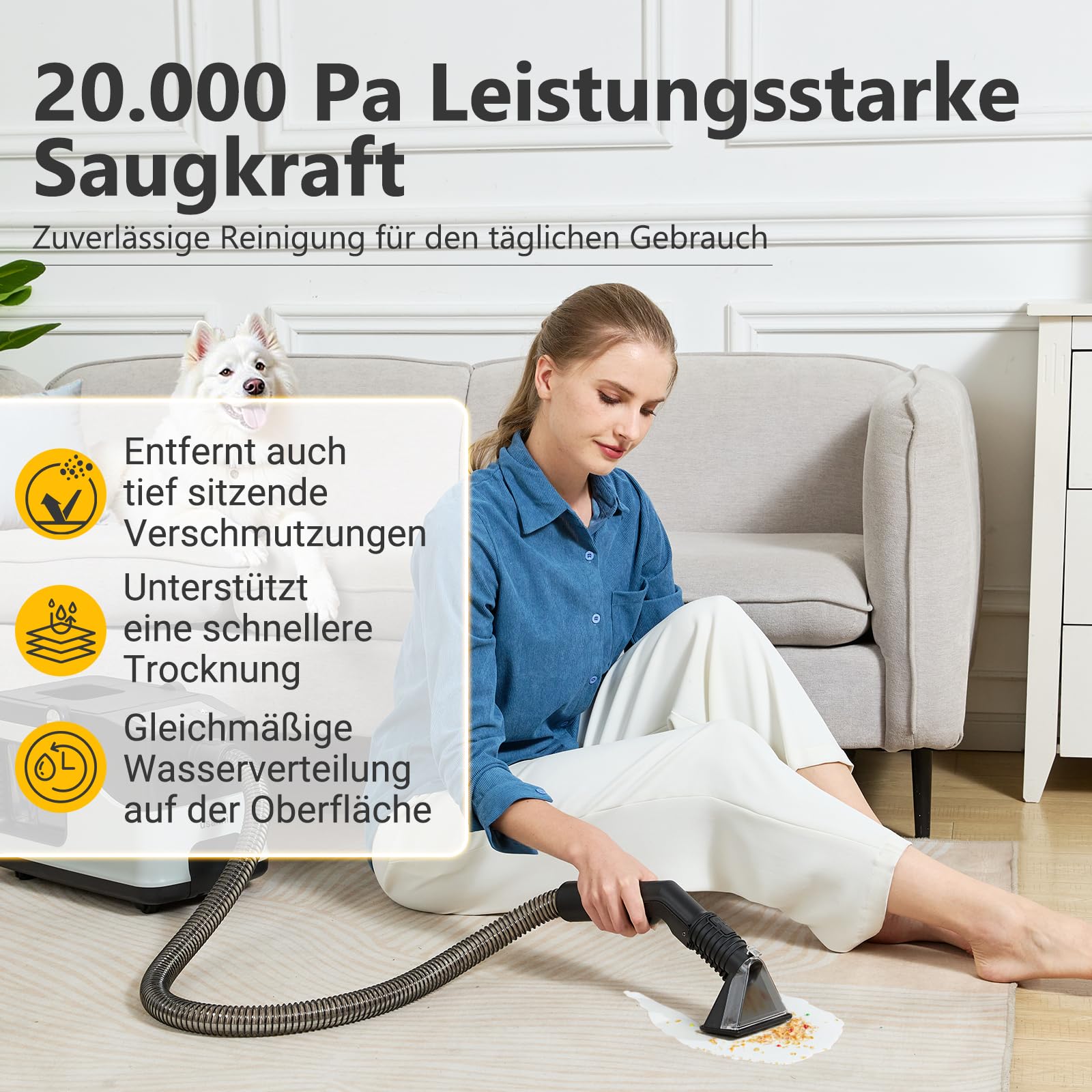 DY-510AC Waschsauger mit Dampffunktion, 20.000 Pa Saugkraft, 100 °C Dampf, 1,5 L/3 L Wassertanks, Selbstreinigungssystem, 5 Aufsätze für Polster, Auto, Teppich und Böden
