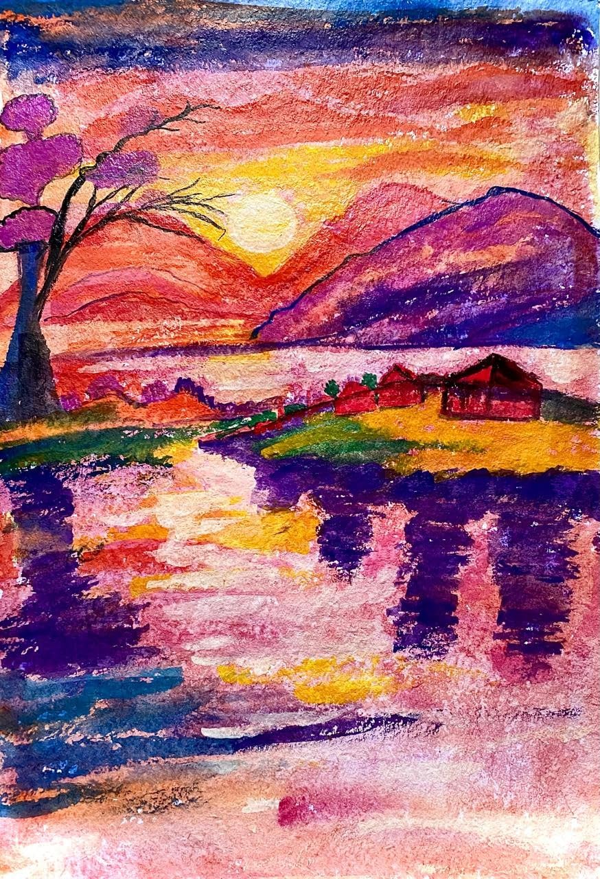 Vibrant Sunset Landscape Watercolor Painting, Original Art, Purple and Orange Mountain Scene
