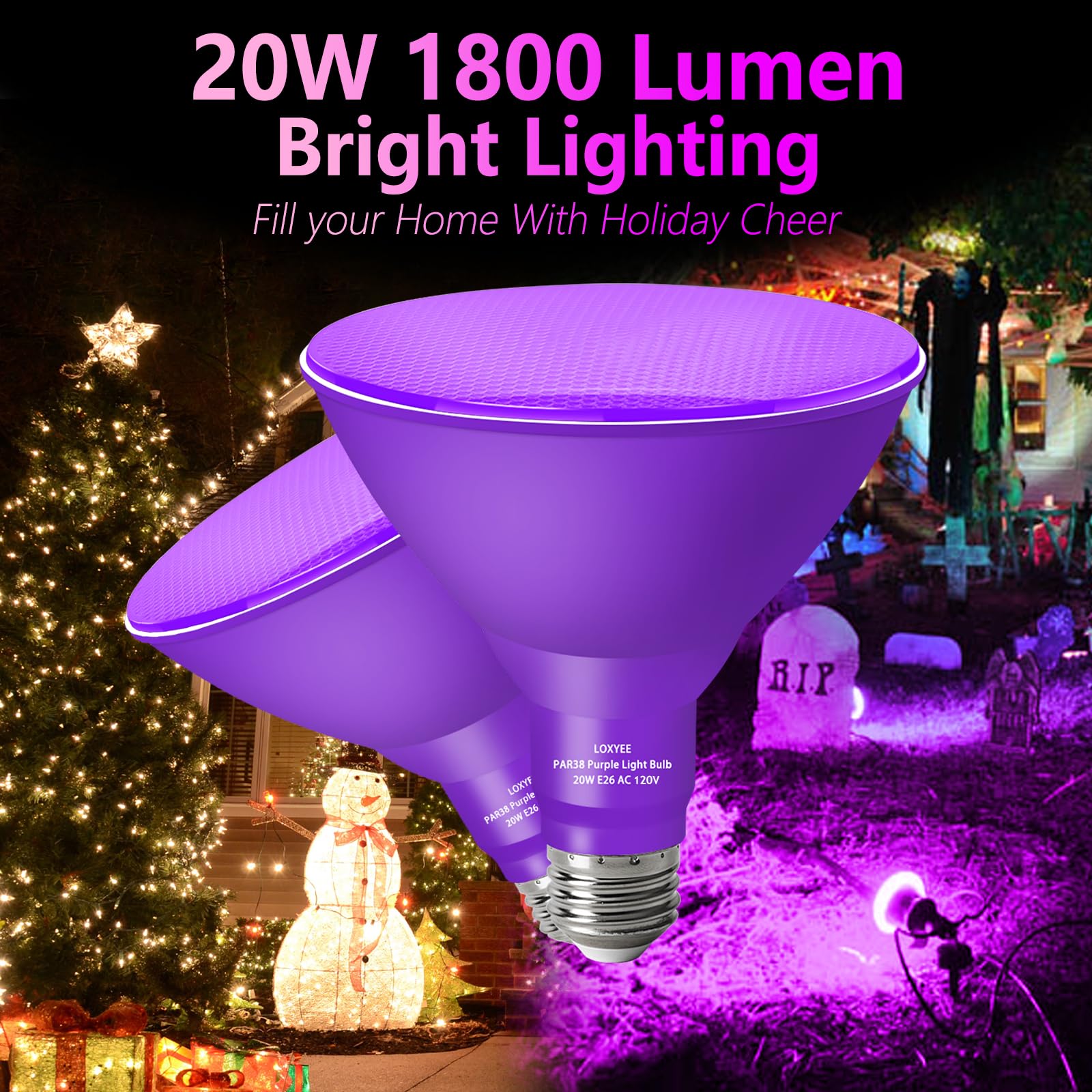PAR38 Flutlicht-Glühbirnen, 4 Stück, dimmbar, E26-Sockel, violett, Flutlicht außen (20 W ersetzt 200 W), Halloween-Glühbirne für draußen, Weihnachten, Urlaubsbeleuchtung