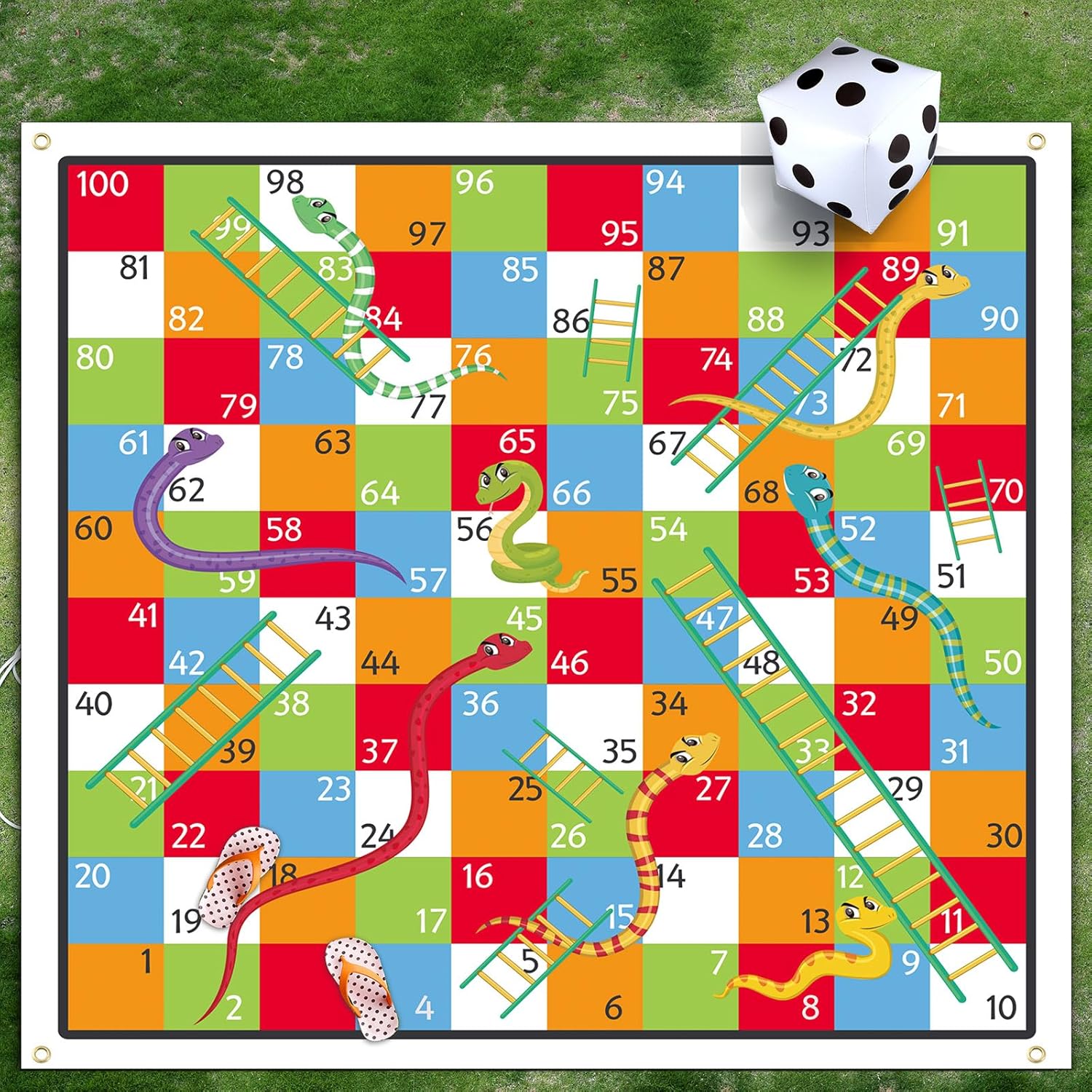 Realspring 9.8 ft Giant Snakes and Ladders Game Playing Mat with 6 Nails 14 Inch Inflatable Dice and Storage Bag Floor Snake and Ladder Board Game Big Size for Both Indoor and Outside
