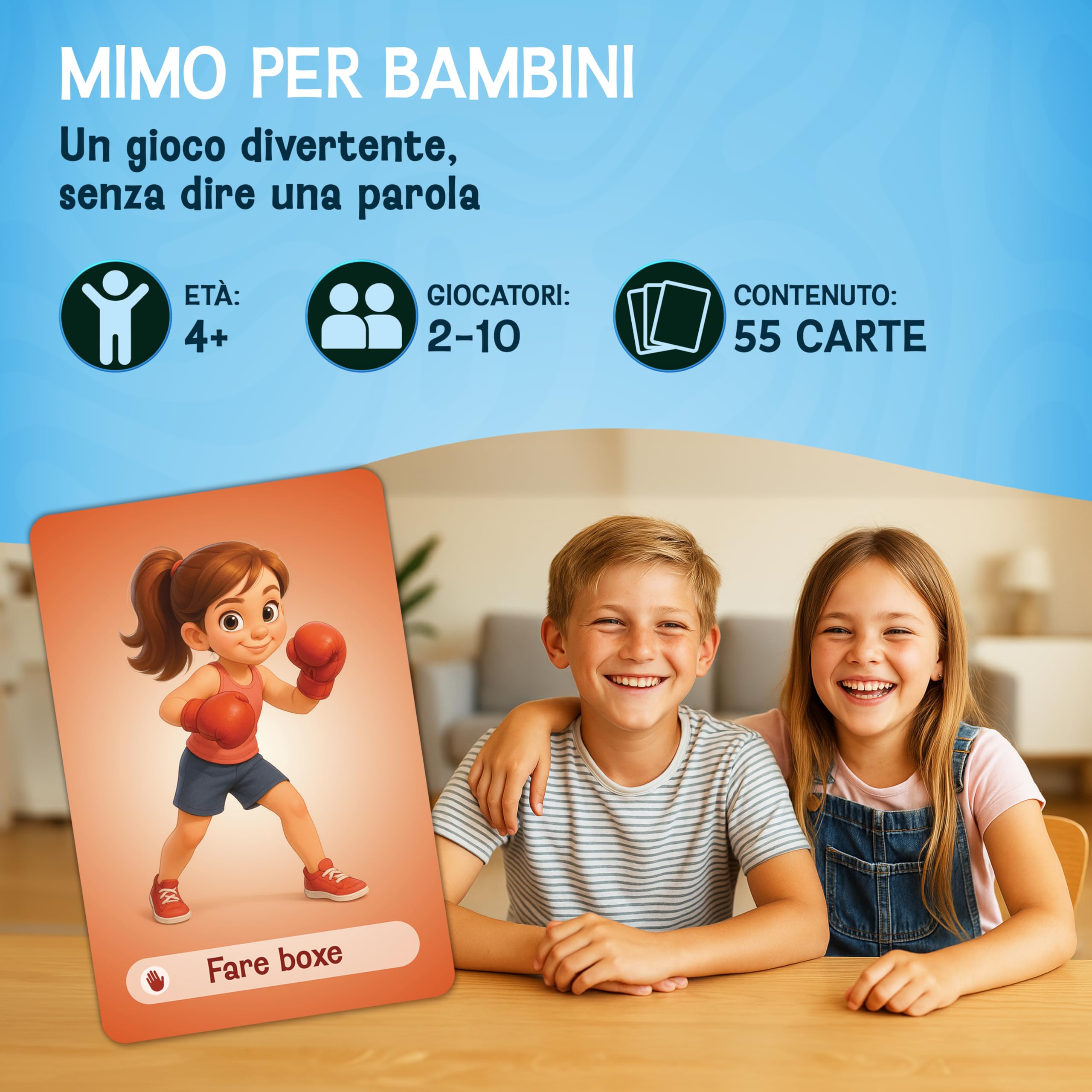 Mimo per bambini – Gioco carte divertente di mimica da 4, 5, 6, 7, 8, 9 anni – Gioco di indovinelli per tutta la famiglia – Per giocare all’aperto e in casa – Idea regalo per bambine e bambini