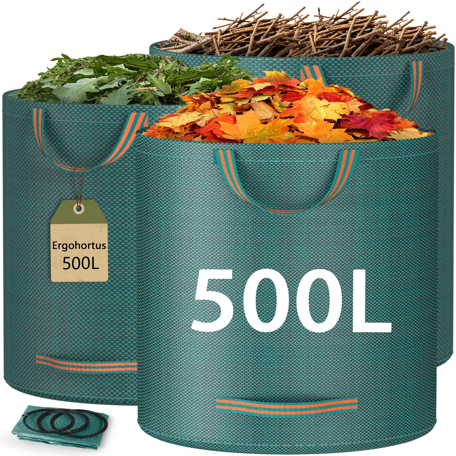 Ergohortus Heavy Duty Garden Waste Bags, 500L x 3 Resuable Garden Bags with Handles, Foldale Garden Sacks for Leaves Trash Debris - Waterproof Garden Trash Bags