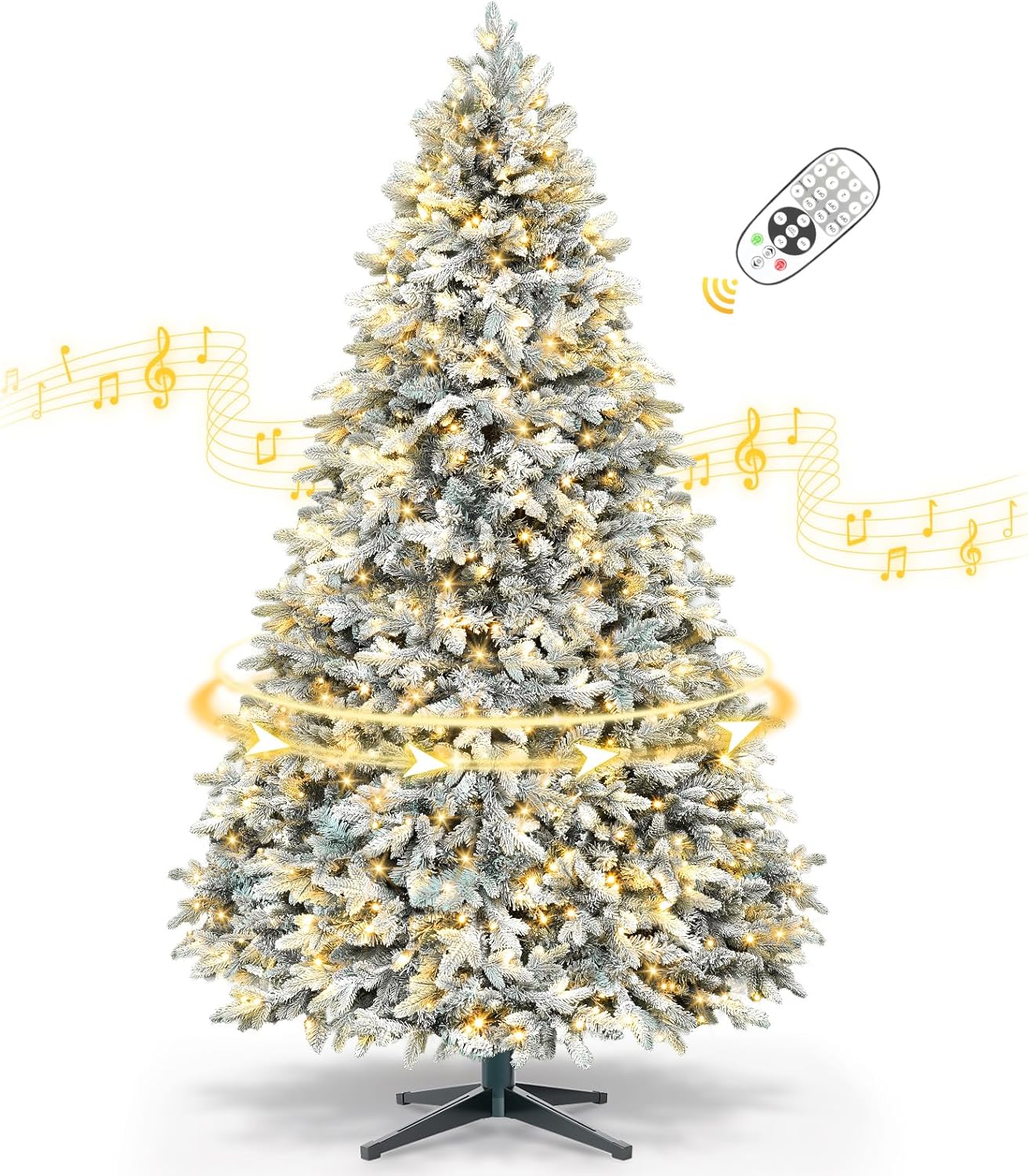 360° Rotating Snow Flocked Christmas Tree 9FT, Musical Prelit Christmas Tree with Remote Control, 600 LED Lights 8 Modes-Warm White Multi-Color Artificial Xmas Tree for Holiday Decor