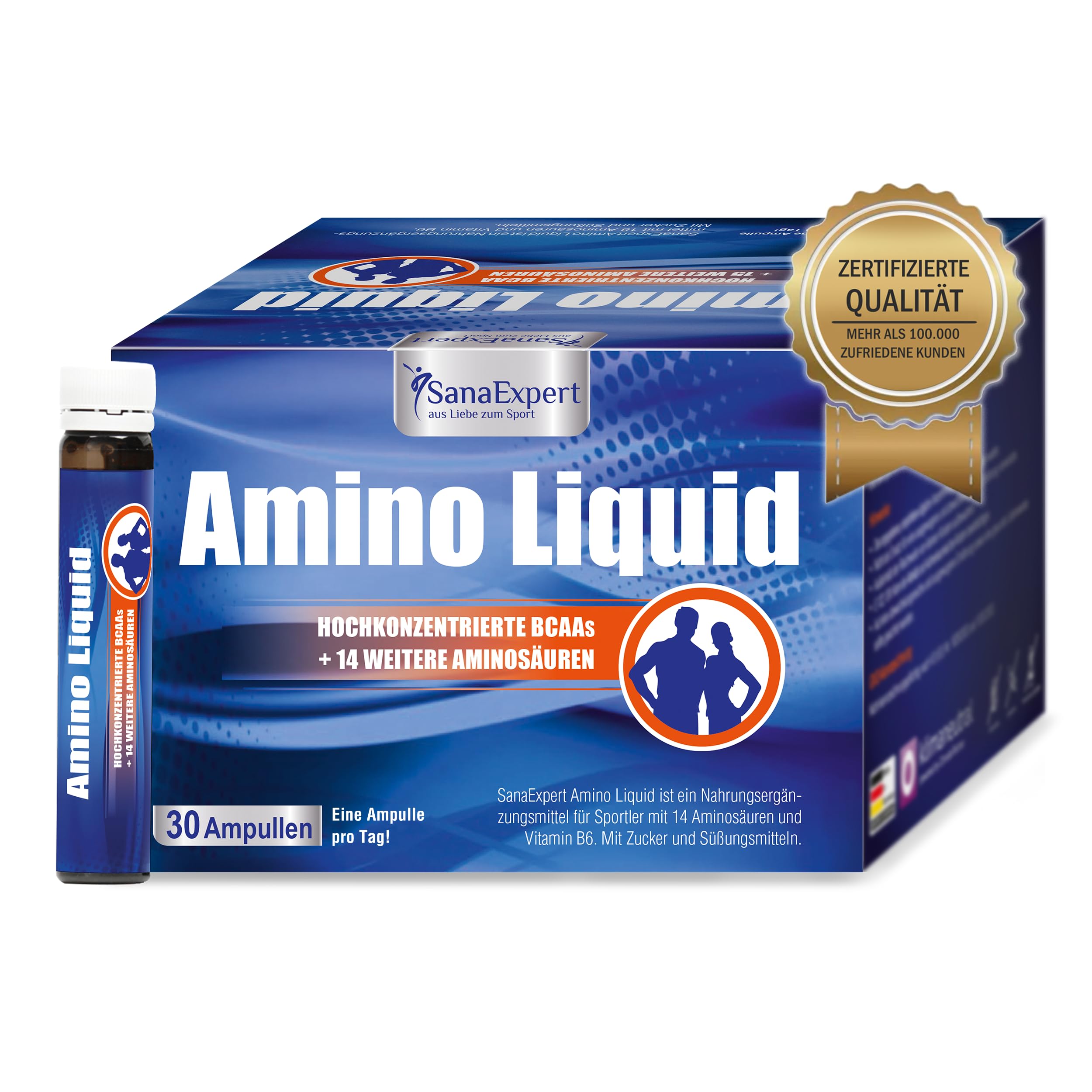SanaExpert® Amino Liquid - Hochdosiertes Aminosäuren-Konzentrat mit BCAAs & Vitamin B6-30 Trinkampullen à 25 ml - Flüssige Form - Made in Germany