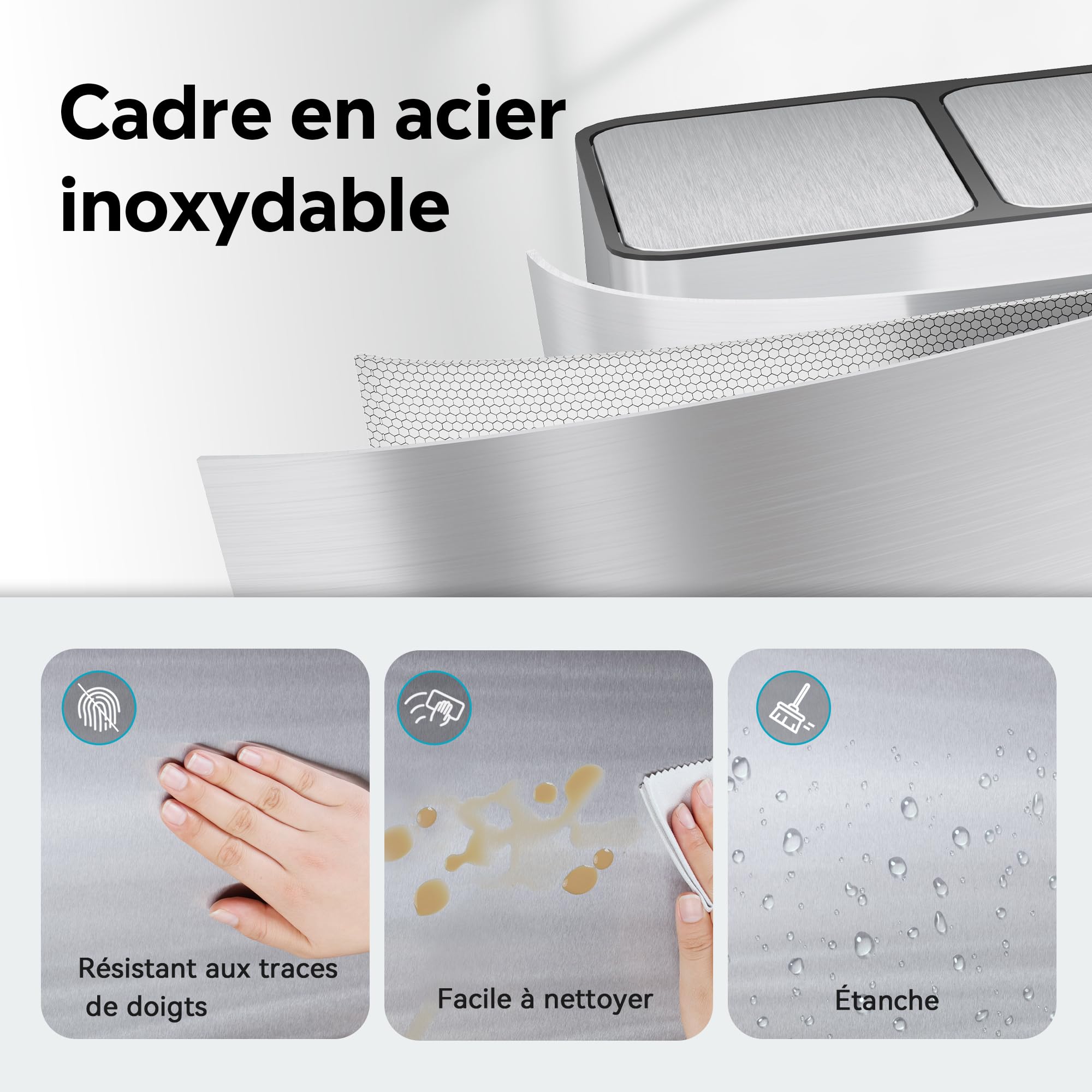 WLIVE Poubelle de Cuisine 30L avec 2 compartiments, Bac de Tri Sélectif, Acier Inoxydable, Pédale Mains Libres, Anti-Odeurs, Design Compact, Gris