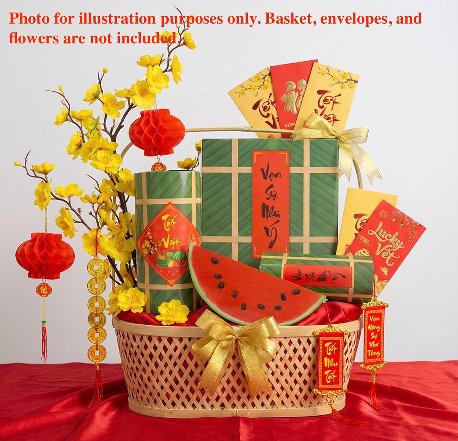 Vietnamese New Year Decorative Fake Watermelon and Sticky Rice Cakes Set, 4 Pieces/Vietnamese New Year Greetings -TET Decor- Set Banh TET/Banh Chung/Dua Hau Trang Tri TET (Style 2)