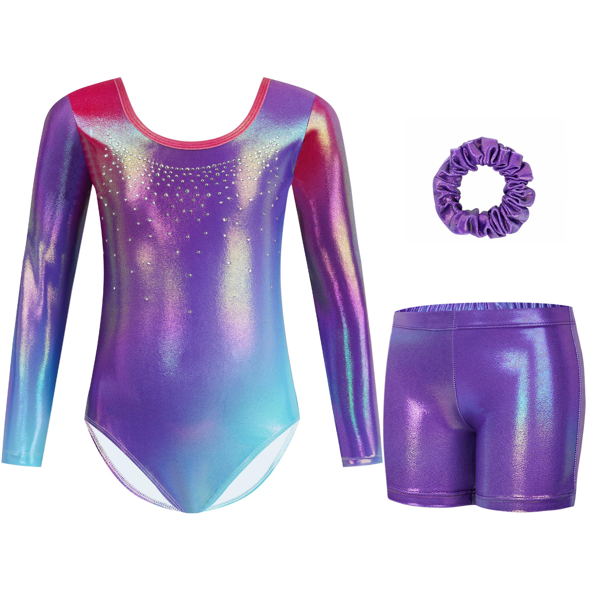 Gogokids Mädchen Dreiteilige Gymnastikanzüge, Langärmliges Gymnastik Set mit Shorts und Haarband, Glitzernde Balletteinheitstrikots - Gymnastik Outfit mit Farbverlaufdesign für 3-12 Jahre