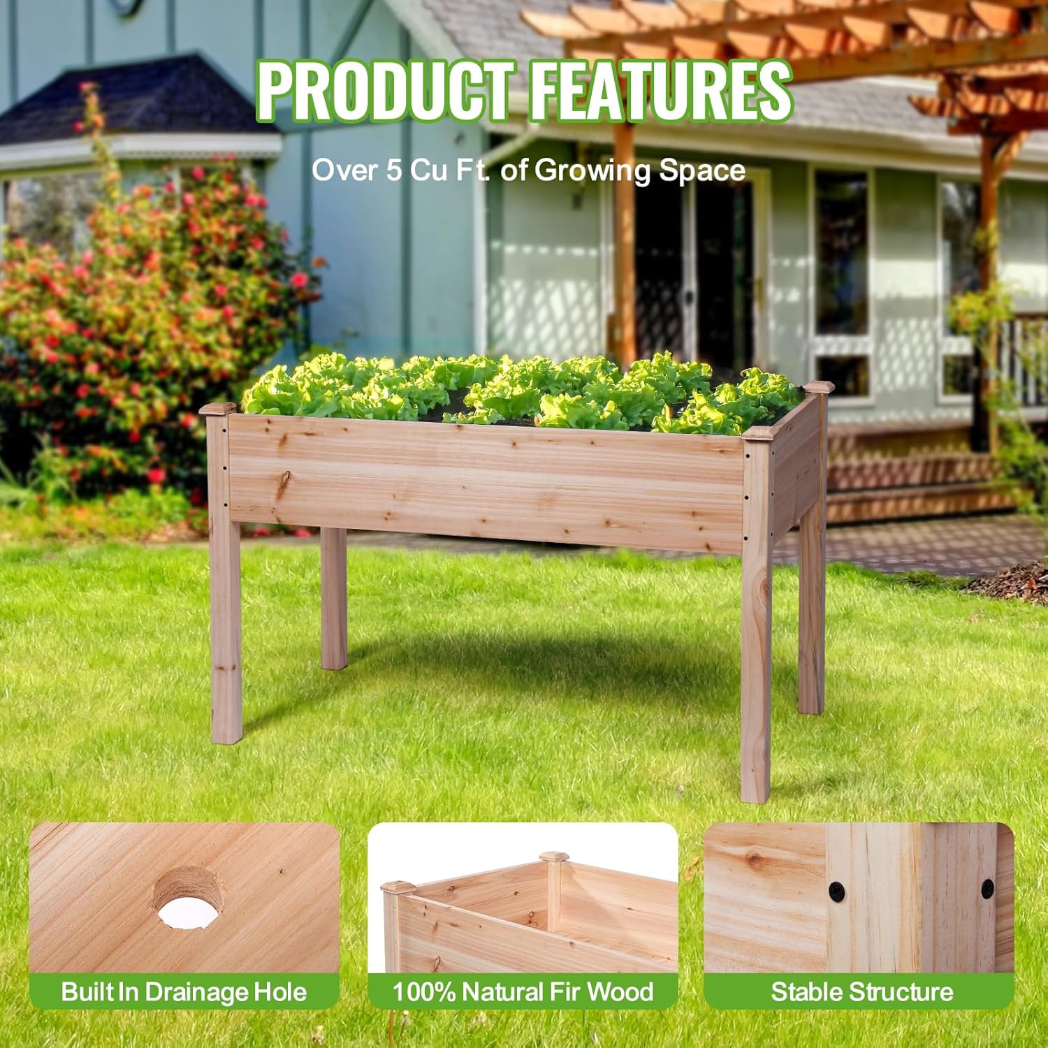 Backyard Expressions Wooden Raised Garden Bed | 48" x 24" x 30" Elevated Planter Box with Included Bed Liner | Outdoor Vegetable, Flower, and Herb Gardening