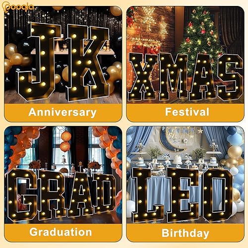 Miniatura 6 de Pooqla Letras iluminadas de marquesina negra de 3 pies, letras de marquesina con luz LED grandes para decoración de fiestas, letras de mosaico