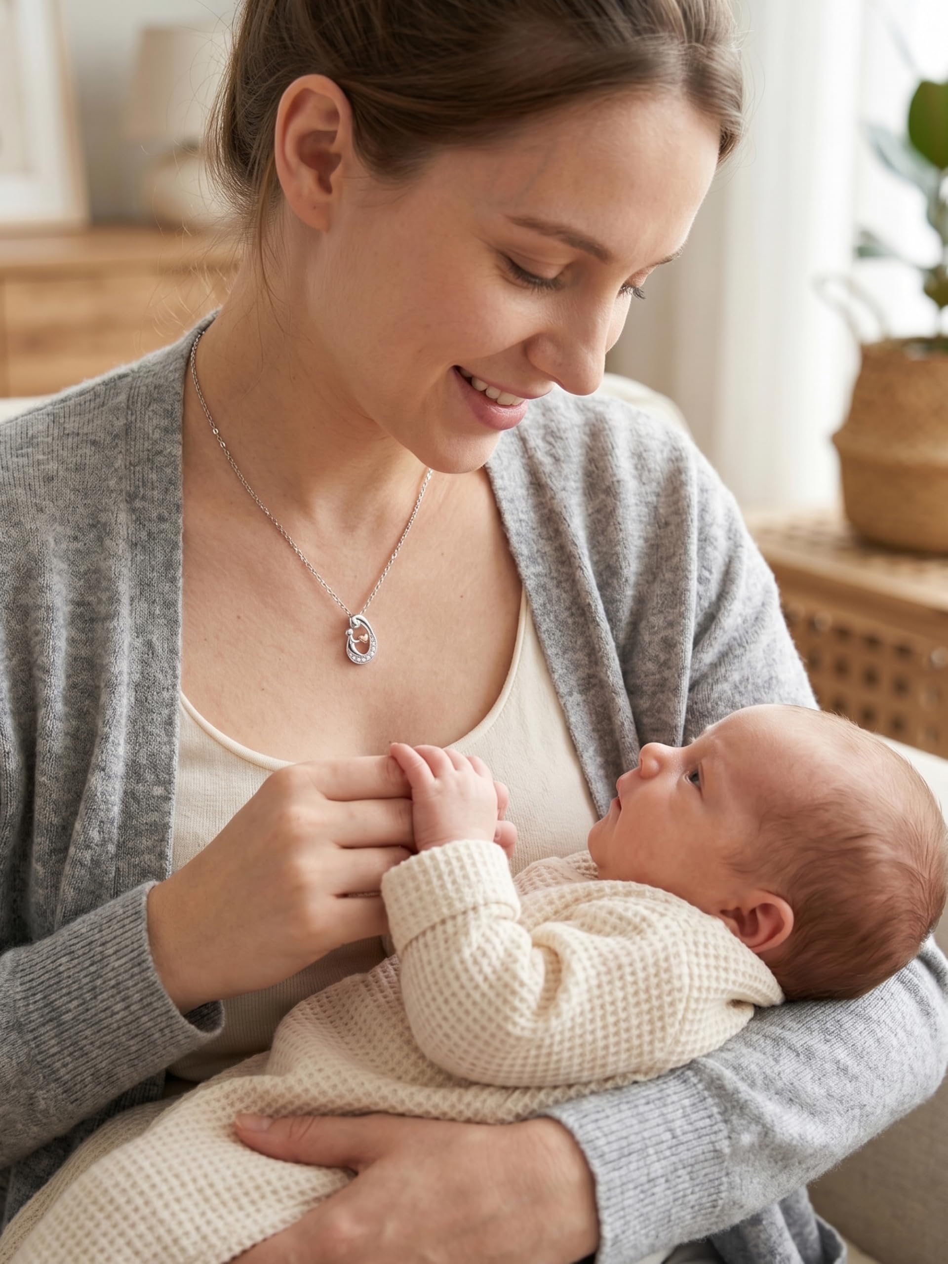 Sereney First Mothers Day Gifts for New Mom Necklace, New Mom Gifts as 1st Mothers Day Necklace for Women, White Gold Plated Hugging Heart Pendant as Hypoallergenic Mother Jewelry for New Mommy