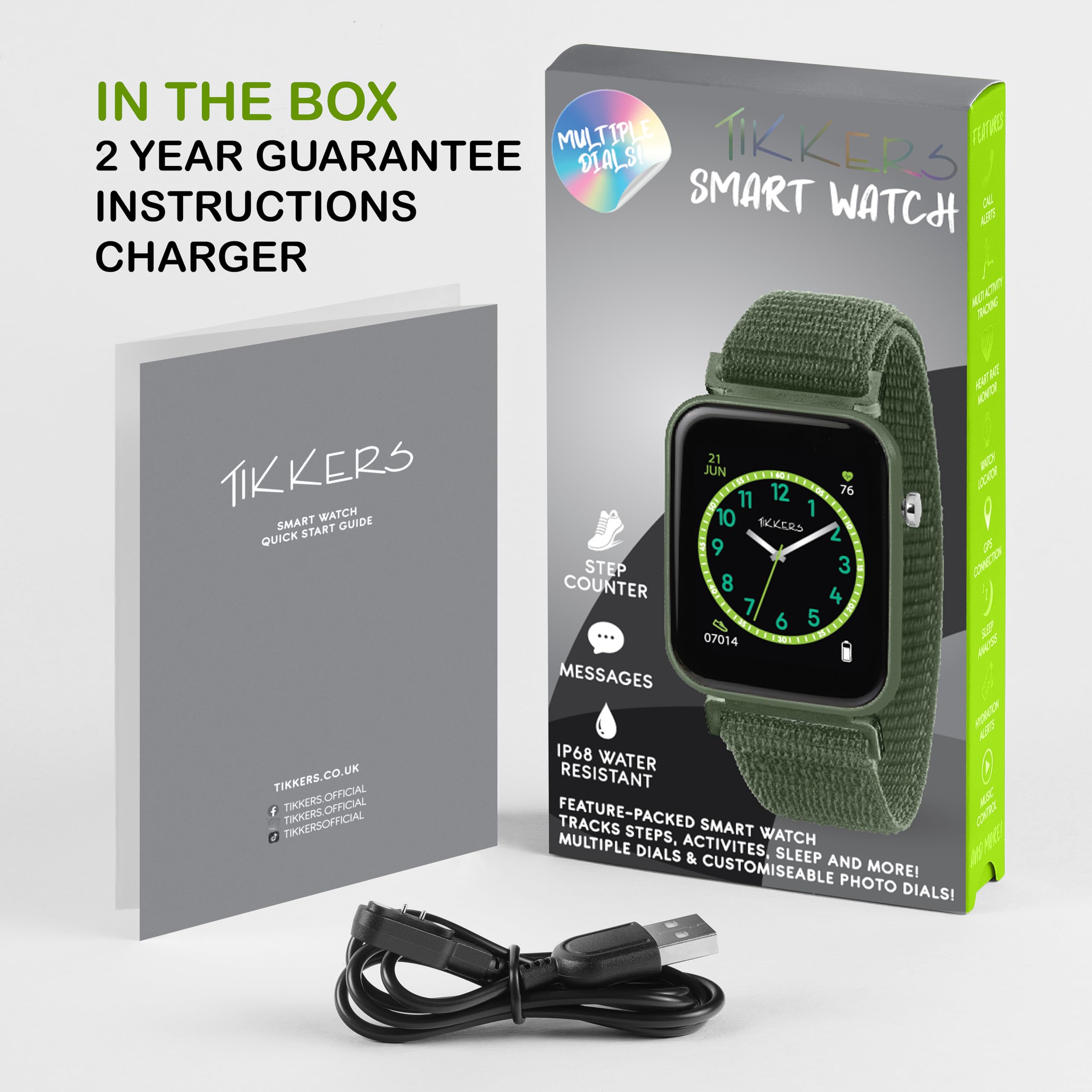 Tikkers Kids Series 13 Montre intelligente avec moniteur de fitness, réveil, appareil photo, connexion GPS, moniteur de fréquence cardiaque, compteur de pas, écran tactile, IP68, sangle Velcro verte