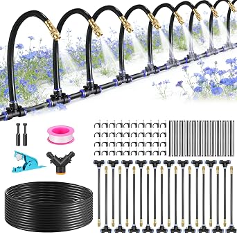 Yizhet 65FT Garden Irrigation System with 20 Pcs Atomization Function Copper Nozzles, 360 Adjustable for Lawn, Greenhouse, Balcony