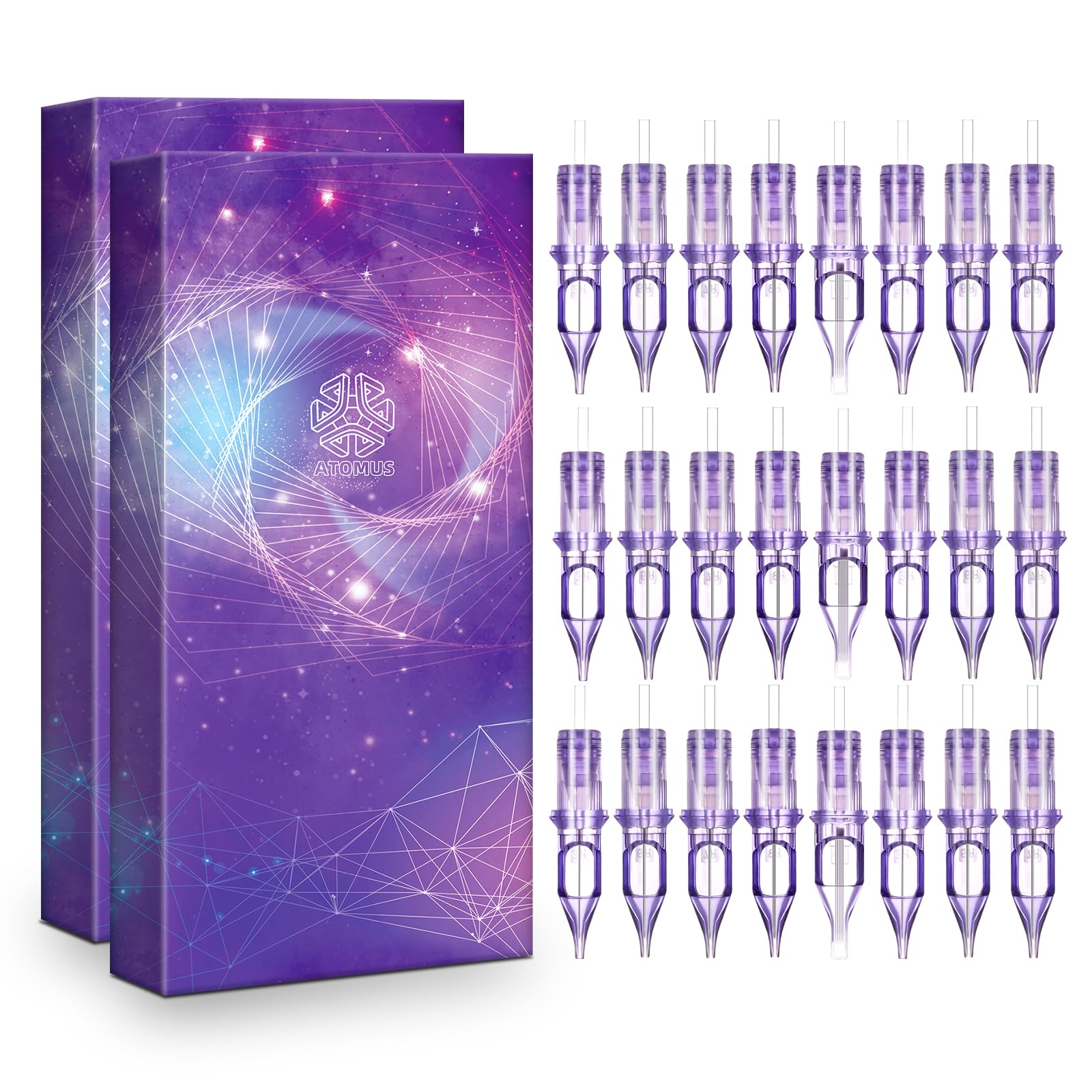 ATOMUS 50pcs Mixed Tattoo Cartridge Needles - Round Liner Shader Magnum - Assorted Sizes - Purple - Adults - Tattoo Pen Compatible