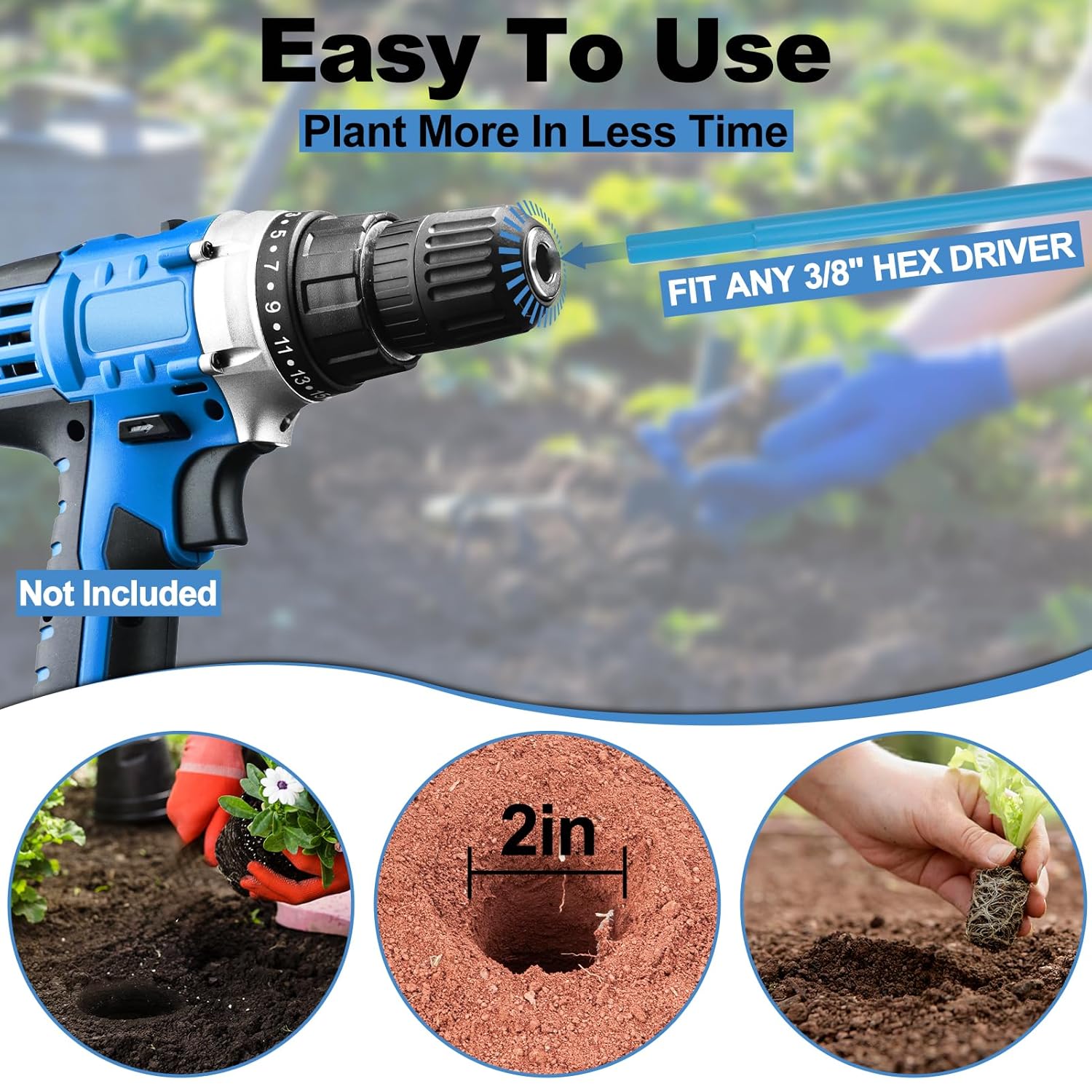 Auger Drill Bit for Planting 2x32 Inch, No Squat Spiral Post Hole Digger, Long Handle Easy Planter for Bulb & Bedding Plant, Garden Drill Auger for 3/8'' Hex Drive Drill