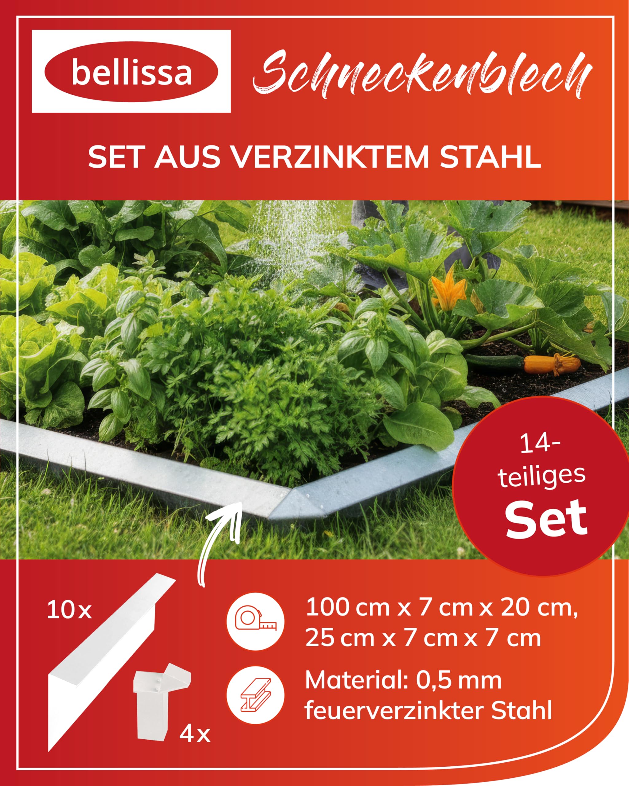 bellissa Schneckenzaun 14-teilig Metall verzinkt H20 cm | Rasenkante, Beeteinfassung, Beetumrandung mit flexibler Längenanpassung & giftfreier Schneckenabwehr