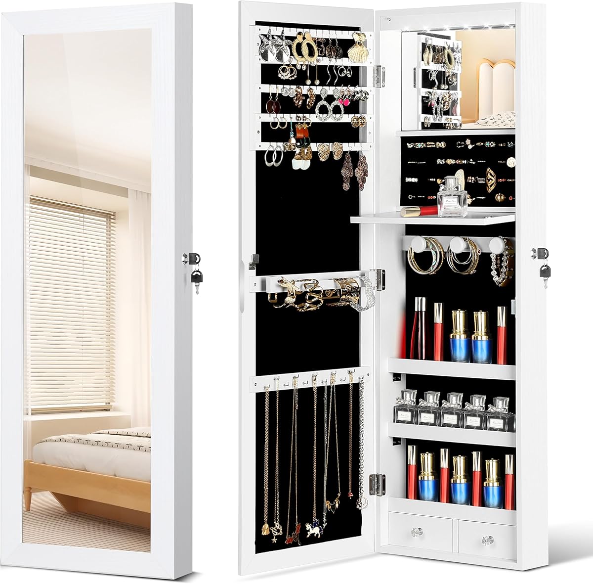Mirror Jewelry Organizer, Wall/Door Mounted Jewelry Armoire with Full-Length Mirror,Hanging Jewelry Cabinet with LED Interior Lights, White