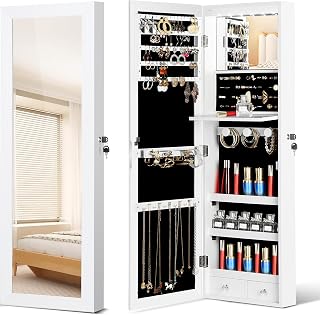 JOYUSAEN Mirror Jewelry Organizer: Wall/Door Mounted Armoire with Full-Length Mirror, LED Lights & Large Storage, White
