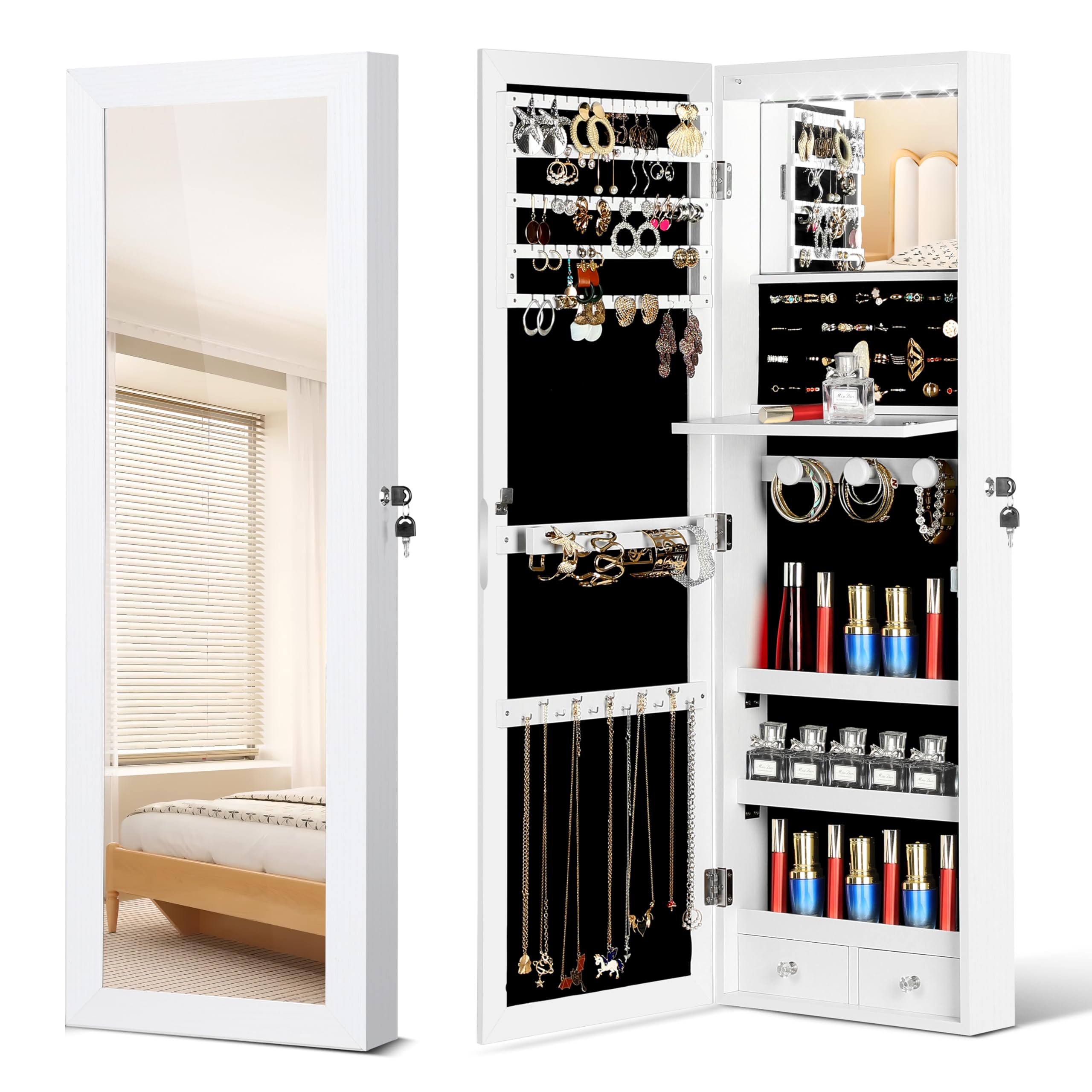 Mirror Jewelry Organizer Wall Door Mounted Jewelry Armoire with Full-Length Mirror Hanging Jewelry Cabinet with LED Interior Lights