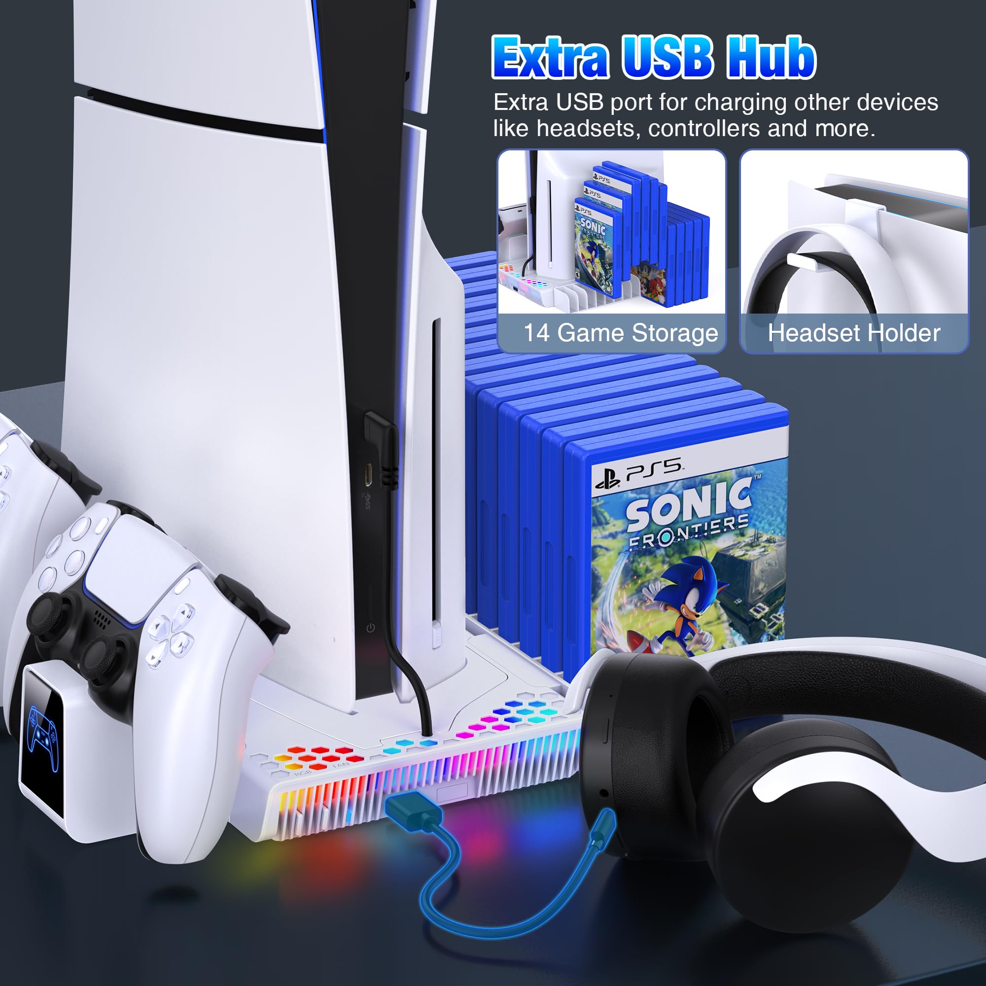 Elegamefy PS5 Standfuß für PS5/PS5 Slim Disc & Digital Konsole, Vertical Ständer mit Kühler Lüfter, Dynamisch Licht, Headset Halterung, Spiele Lagerung, Controller Ladestation für PS5 Zubehör Taschen