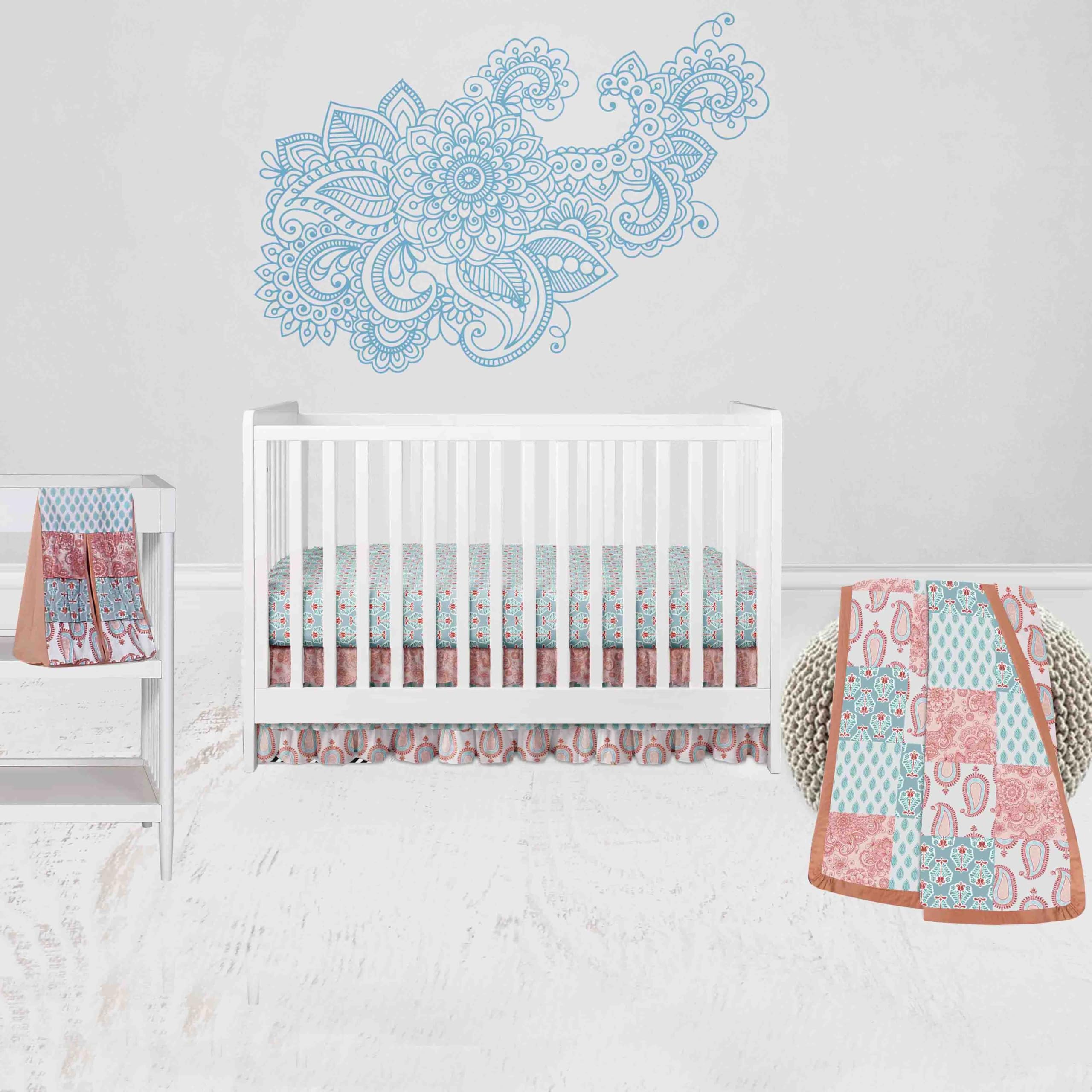 Bacati Sophia Paisley Girls 4 Piece Crib Set with Diaper Stacker Coral/Aqua