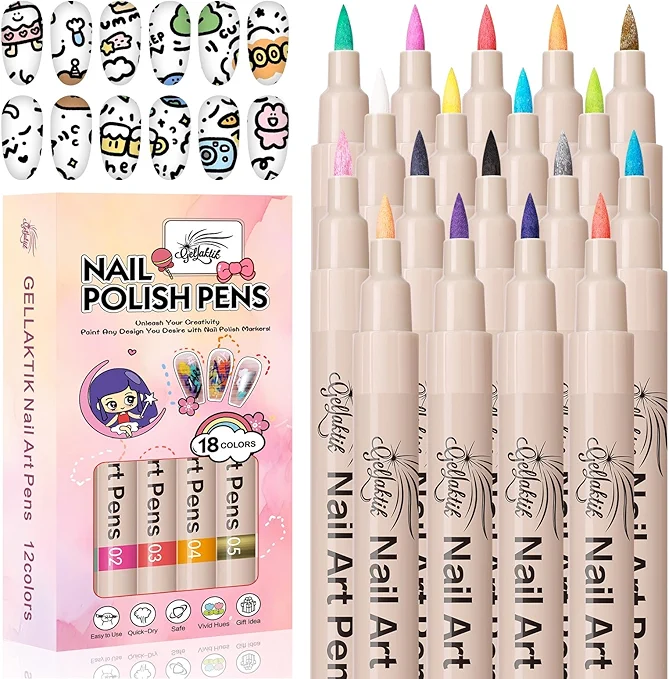 GELLAKTIK 18 Colors Nail Art Pens Set, 3D Nail Polish Pens Quick-Drying Acrylic Paint Markers, Dotting Liner Brush for DIY Nail Design, Home & Salon Manicure Tools