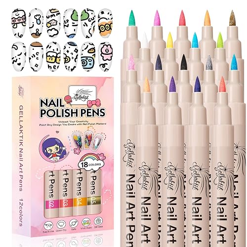 GELLAKTIK 18 Colors Nail Art Pens Set, 3D Nail Polish Pens Quick-Drying Acrylic Paint Markers, Dotting Liner Brush for DIY Nail Design, Home & Salon Manicure Tools
