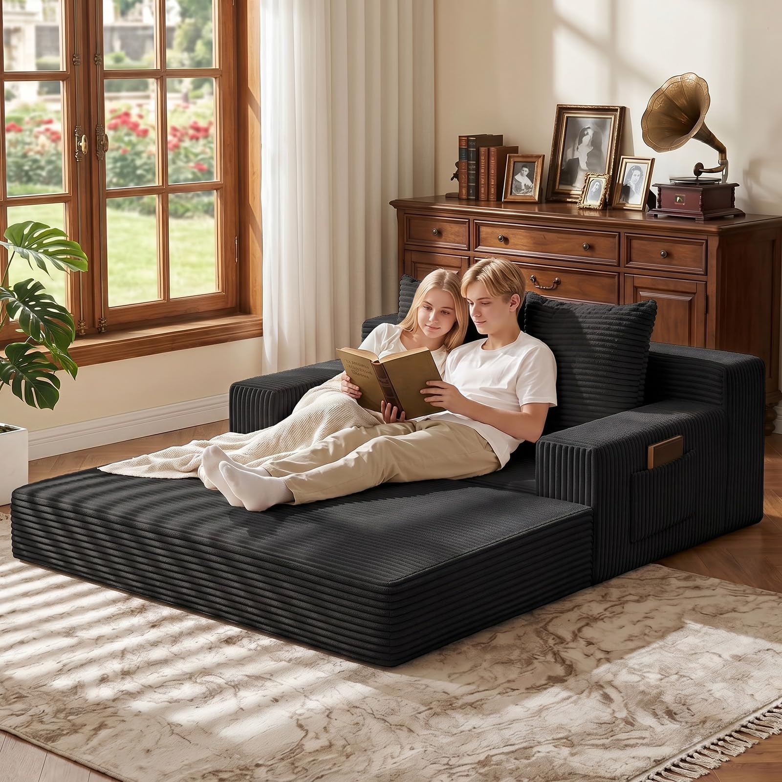 Boneless Loveseat Couch Folding Sofa Bed, Foldable Floor Futon Sleeper Couch Bed - Convertible Sofa Bed, Corduroy Pull Out Sofa Bed with 2 Pillows for Living Room & Bedroom
