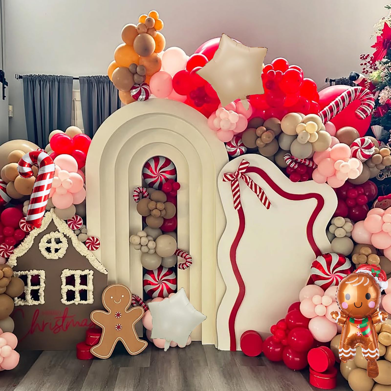 Gingerbread Christmas Balloon Garland Arch Kit Gingerbread House Red Brown Sand White Balloons with Star Candy Cane Foil Balloon for Christmas Reindeer Elk Party Xmas Winter New Year Party Decorations - Image 4