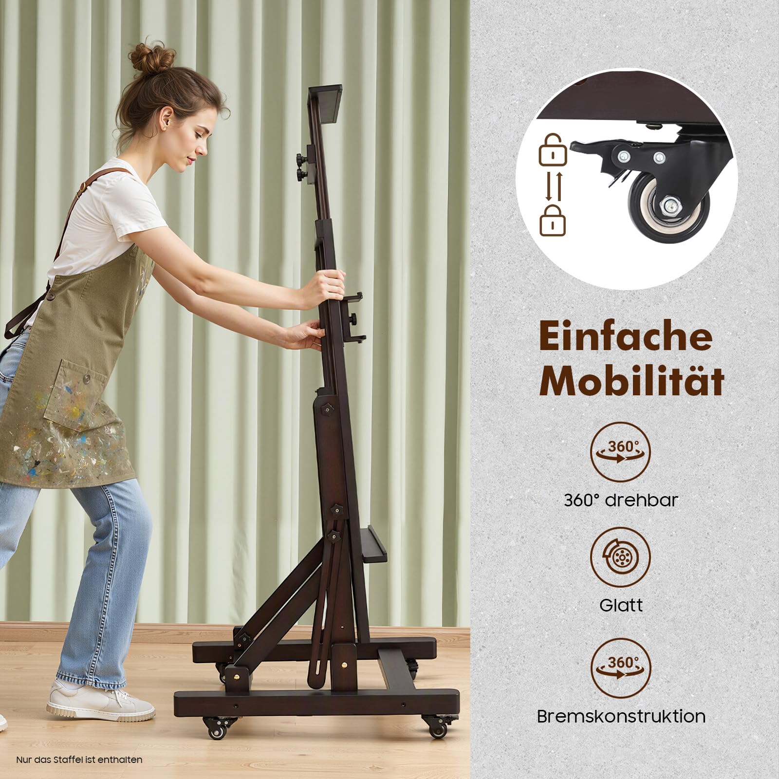 Professionelle Holz Staffelei Groß (140-300 cm Höhenverstellung) mit 4 Lenkrollen, Stabile H-Ständer Design für bis 10kg - Universal Staffelei Holz für Künstler, Kinder, Atelier (Schwarznussfarbe)