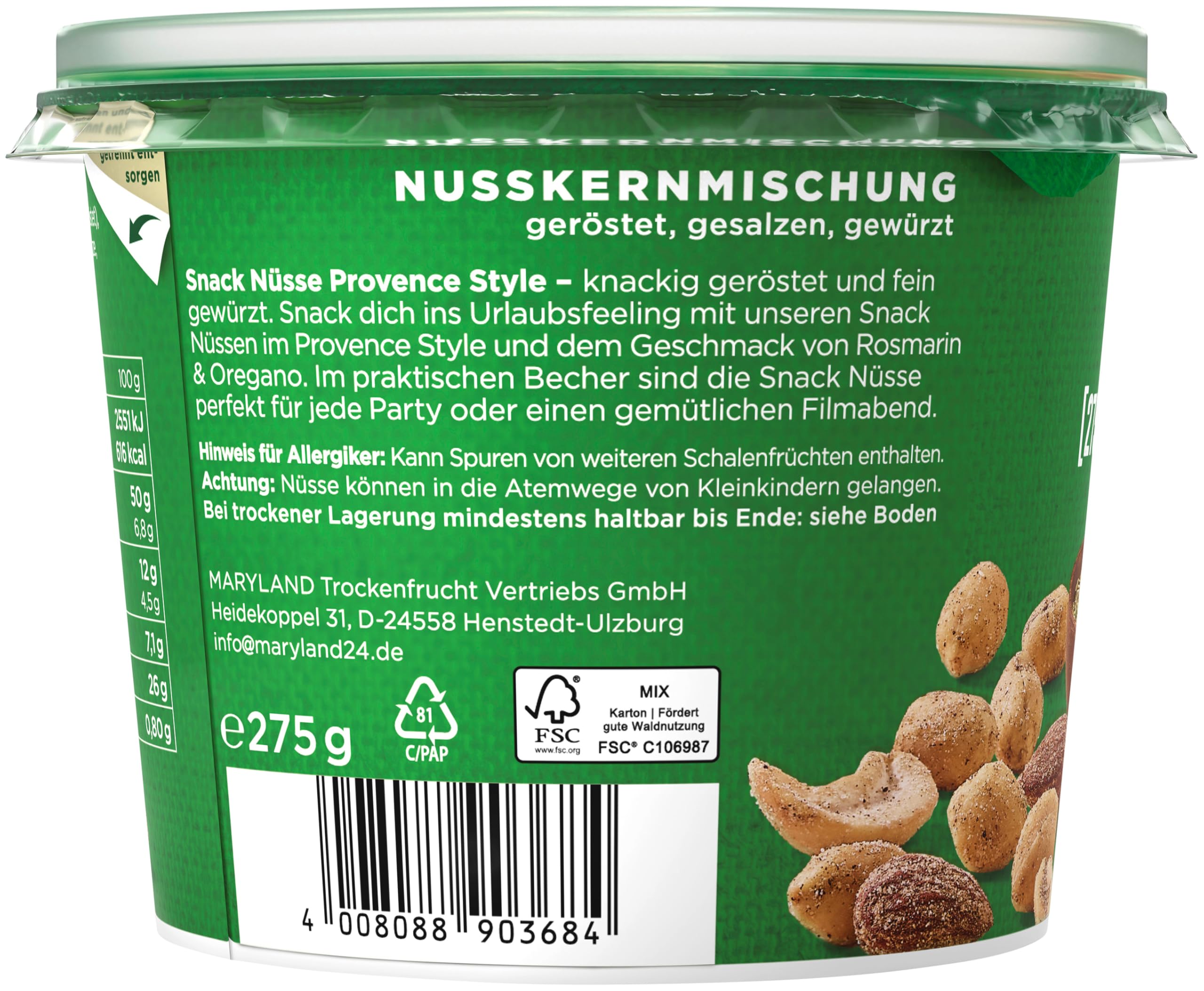 Maryland Snack Nüsse Provence 275g Becher – Mediterran gewürzte Nussmischung mit gerösteten Erdnüssen, Cashewkernen und Mandeln – Würze aus Rosmarin & Oregano (6 x 275g)