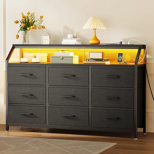 KKL 55" Wide 9-Drawer Dresser for Bedroom with LED Lights and Charging Station, Fabric Dressers & Storage Chest of Drawers with Shelves for Closet, Black