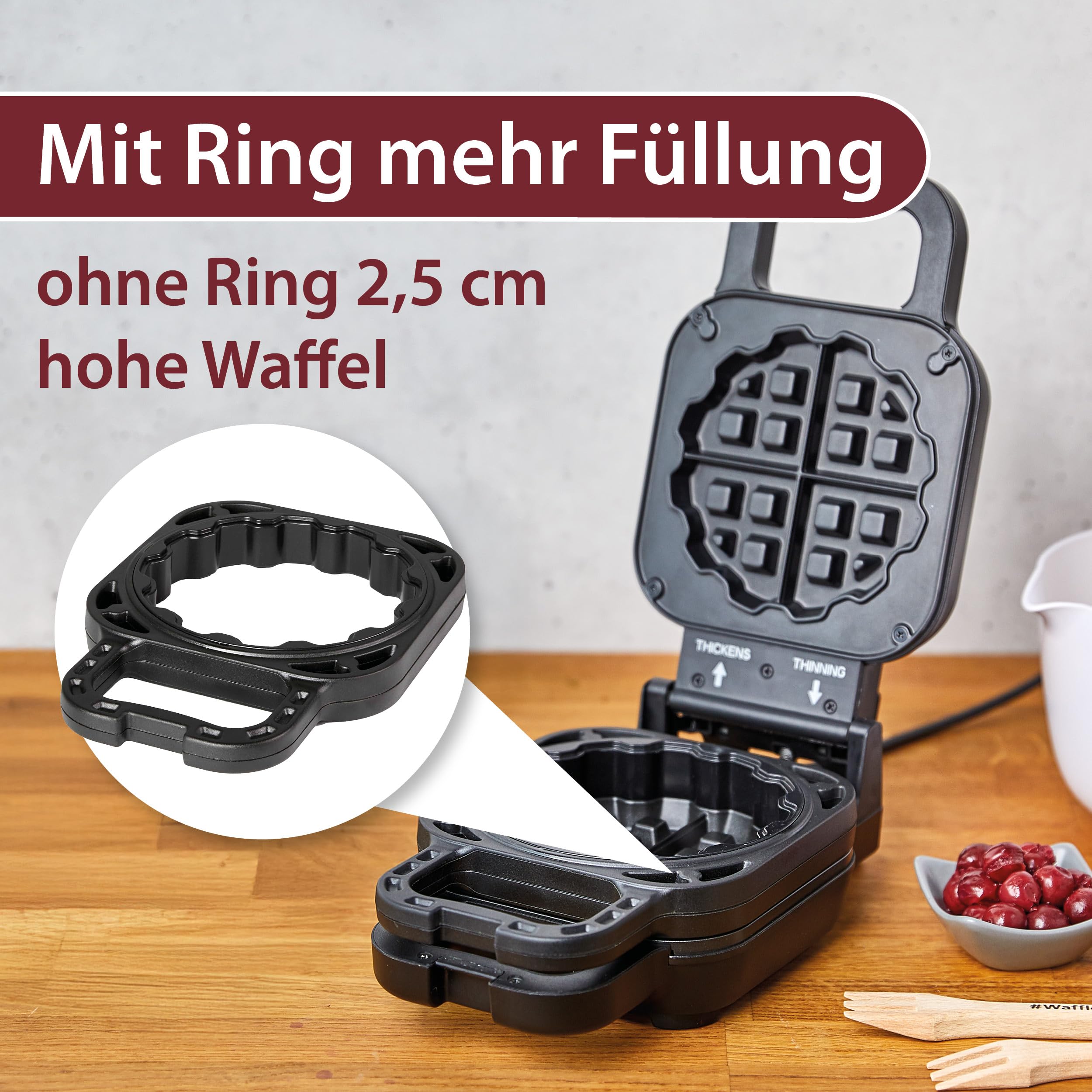 Cloer 6150 Waffelkucheneisen für gefüllte Waffelkuchen, bis zu 5 cm hohe Waffel, 11,5 cm Durchmesser, höhenverstellbarer Abstandsring, Antihaftbeschichtung & Kontrollleuchte, PFAS-frei, Schwarz, 800 W